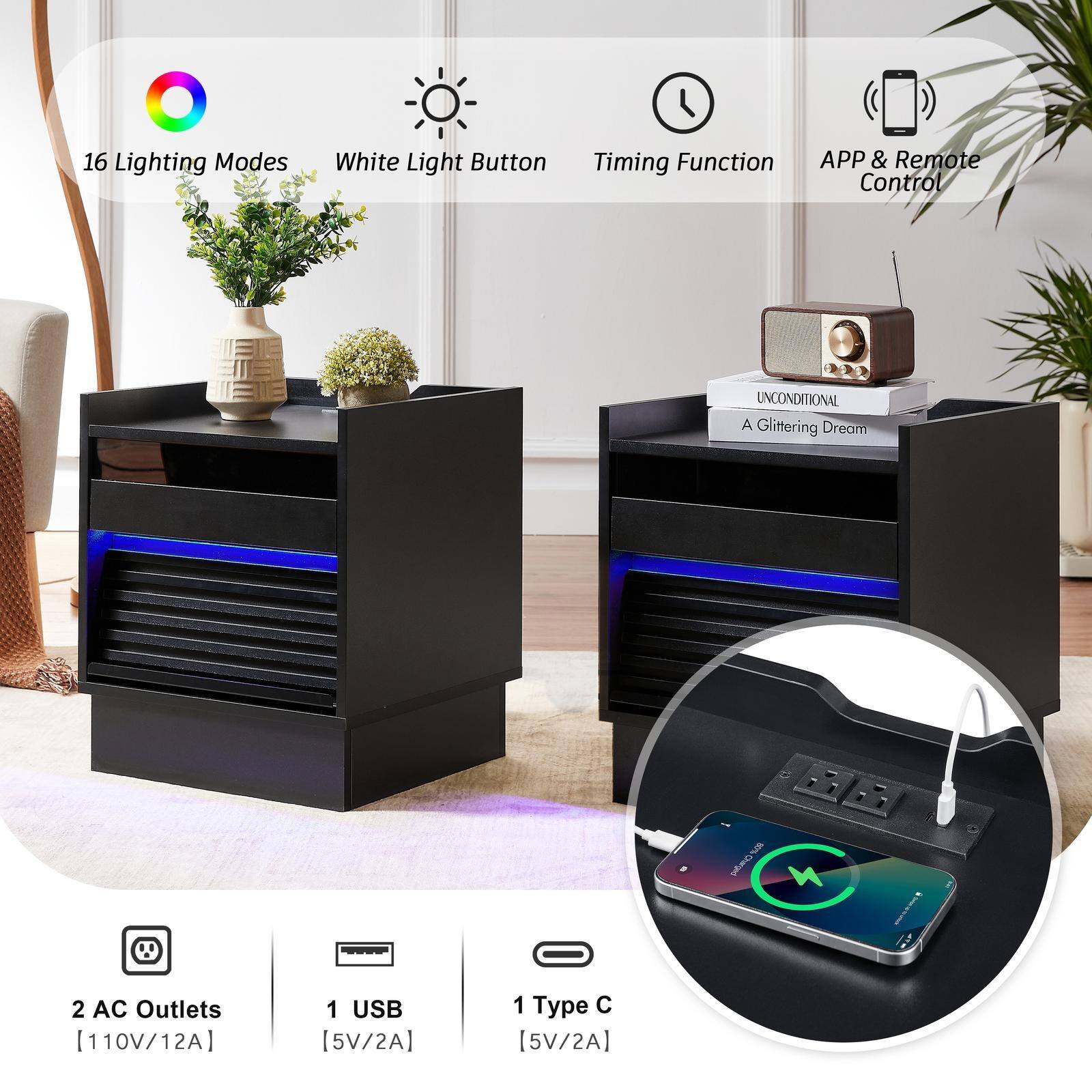 16 Lighting Modes  
White Light Button  
Timing Function  
APP & Remote Control  

2 AC Outlets [110V/12A]  
1 USB [5V/2A]  
1 Type C [5V/2A]  

UNCONDITIONAL  
A Glittering Dream