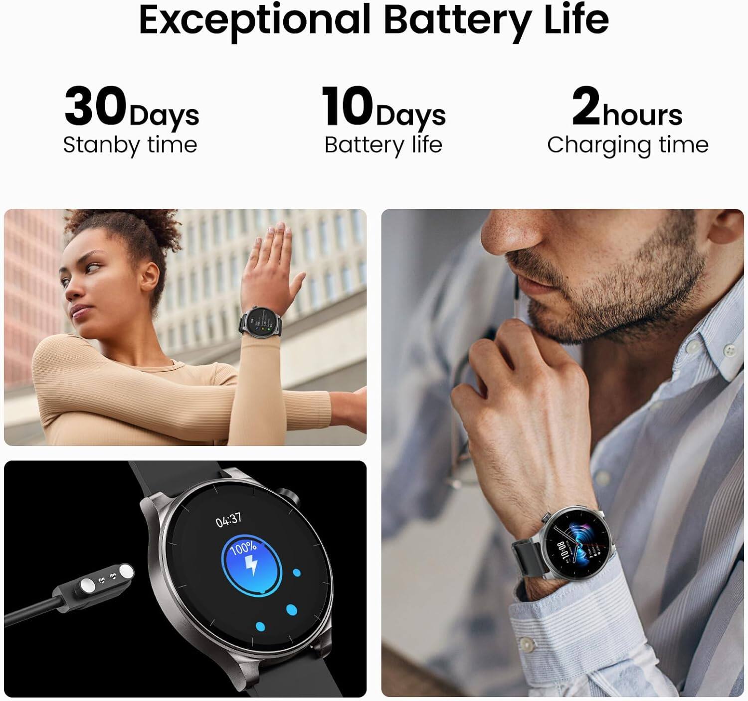 Exceptional Battery Life

- 30 Days: Standby time
- 10 Days: Battery life
- 2 hours: Charging time

Battery life: 100%
Charging time: 04:37