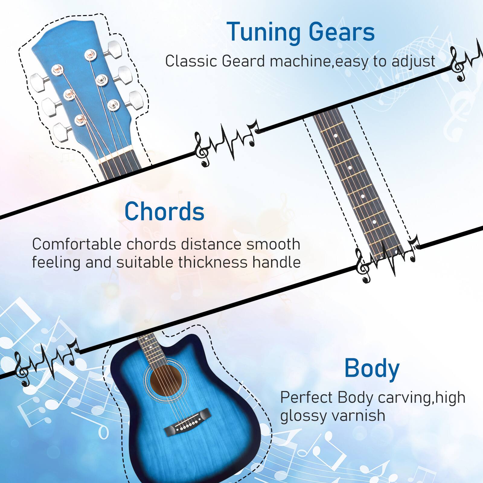 Tuning Gears  
Classic Geard machine, easy to adjust  

Chords  
Comfortable chords distance smooth feeling and suitable thickness handle  

Body  
Perfect Body carving, high glossy varnish