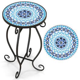 Costway - Outdoor Indoor Accent Table,Mosaic Patio Table, Plant Stand Cobalt Blue Color Scheme Garden Steel - multicolor