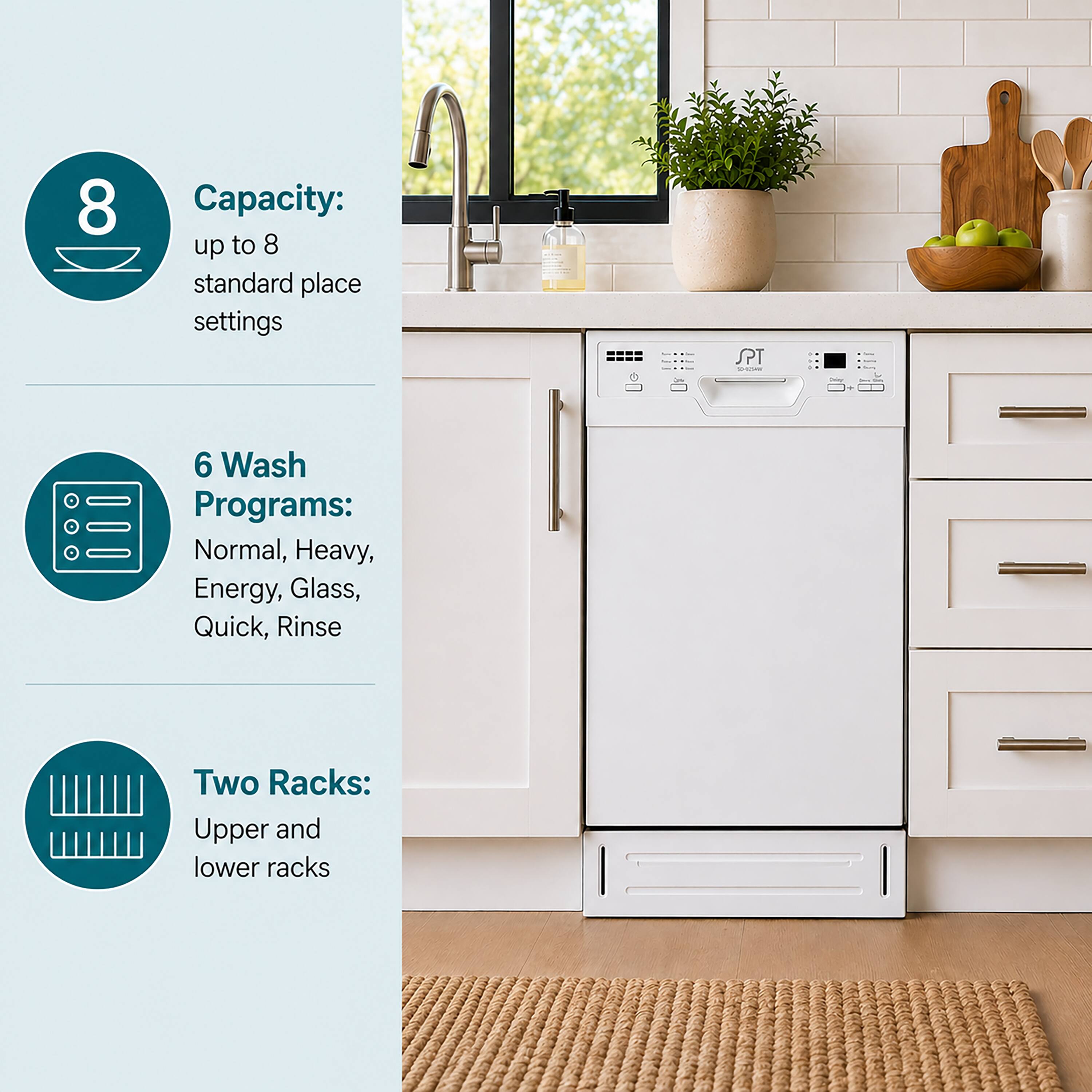 8 Capacity: up to 8 standard place settings

6 Wash Programs: Normal, Heavy, Energy, Glass, Quick, Rinse

Two Racks: Upper and lower racks