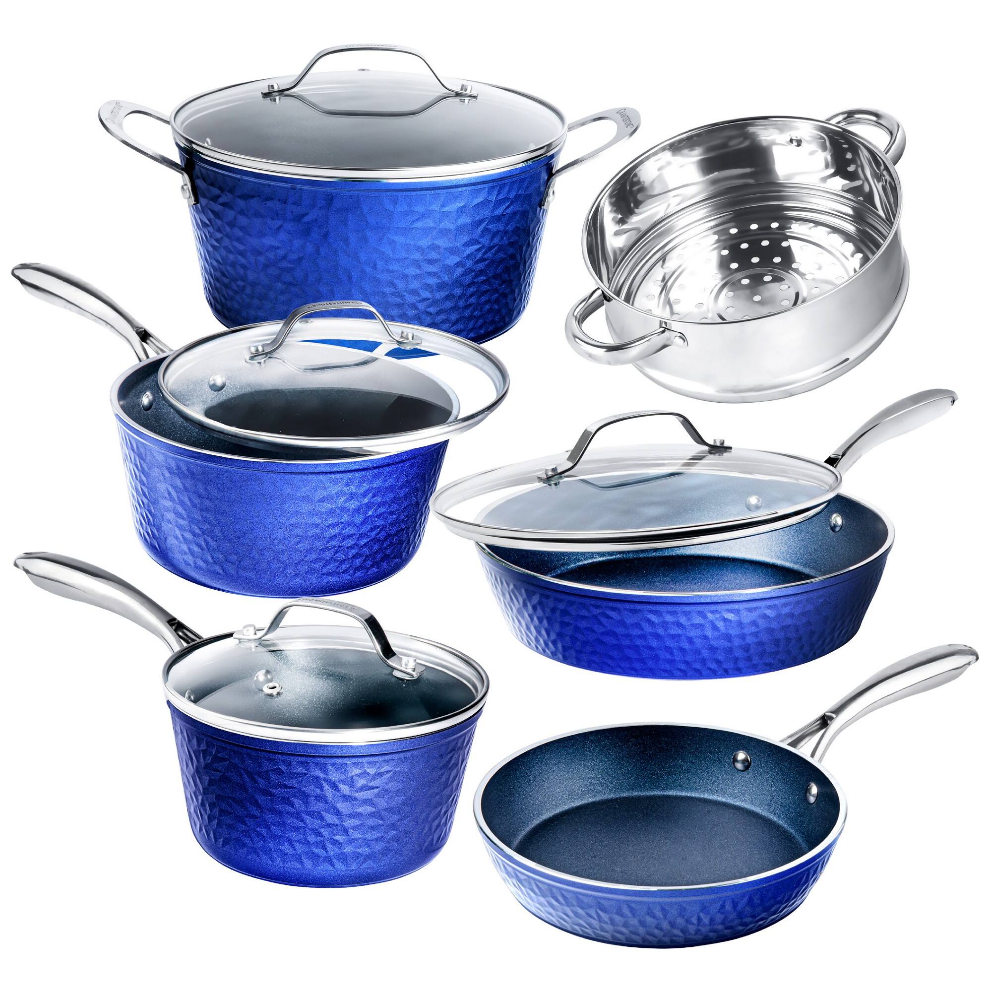 Front. Granitestone - Granitestone Blue 10 Piece Hammered Aluminum Nonstick Cookware Set - Blue.