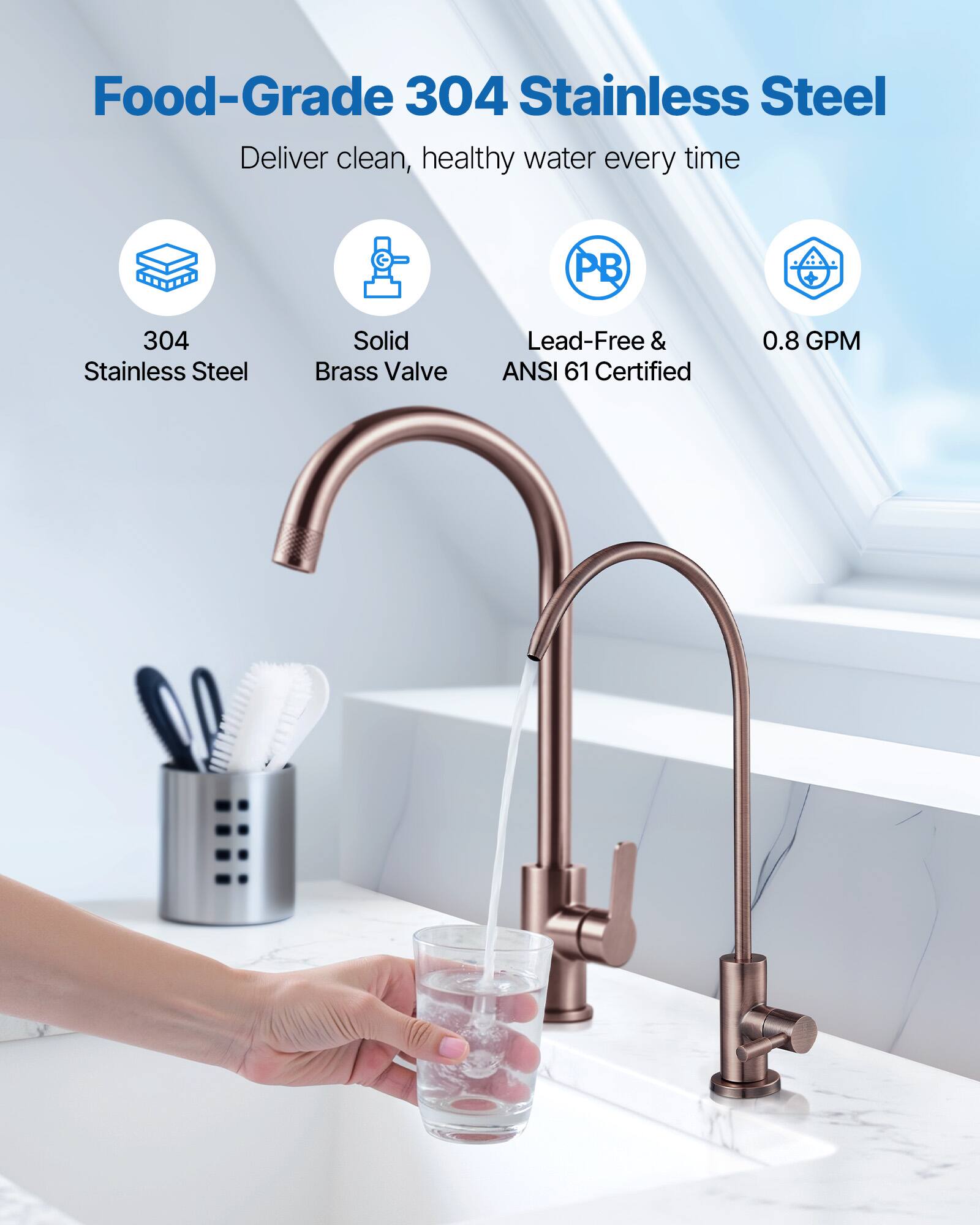 Food-Grade 304 Stainless Steel  
Deliver clean, healthy water every time  

- 304 Stainless Steel  
- Solid Brass Valve  
- Lead-Free & ANSI 61 Certified  
- 0.8 GPM