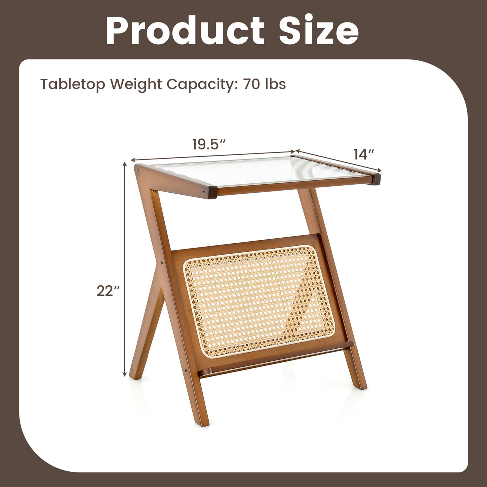 Product Size: Tabletop Weight Capacity: 70 lbs. 19.5" x 14" x 22"