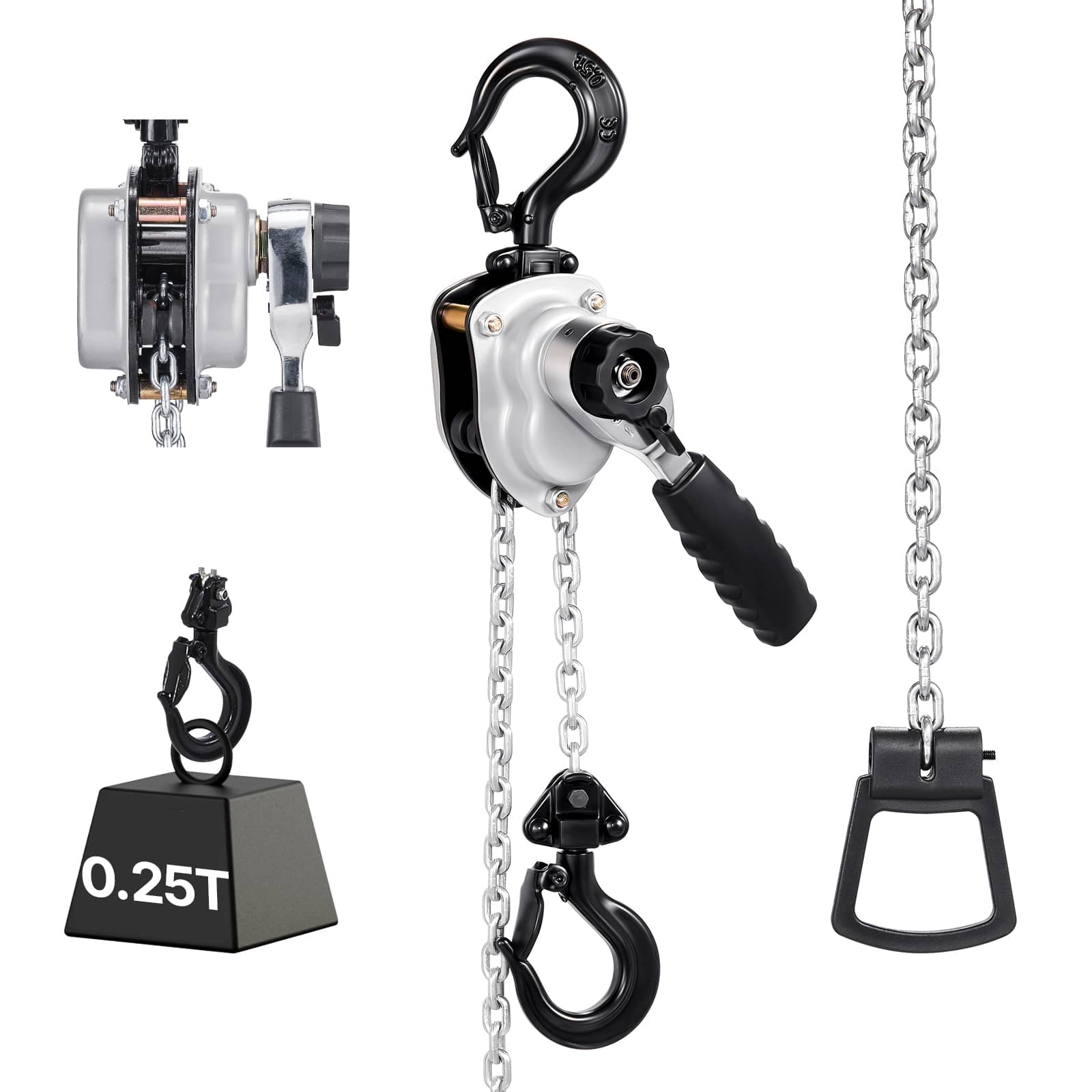 VEVOR - Manual Lever Chain Hoist, 1/4T 550LBS Capacity Come Along,5FT Lift G80 Alloy Steel Chain With Dual Pawl Mechanical Brake - Sliver and Black