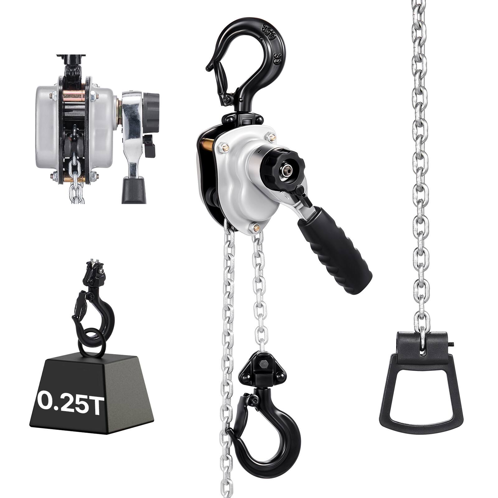 Front. VEVOR - Manual Lever Chain Hoist, 1/4T 550LBS Capacity Come Along,5FT Lift G80 Alloy Steel Chain With Dual Pawl Mechanical Brake - Sliver and Black.