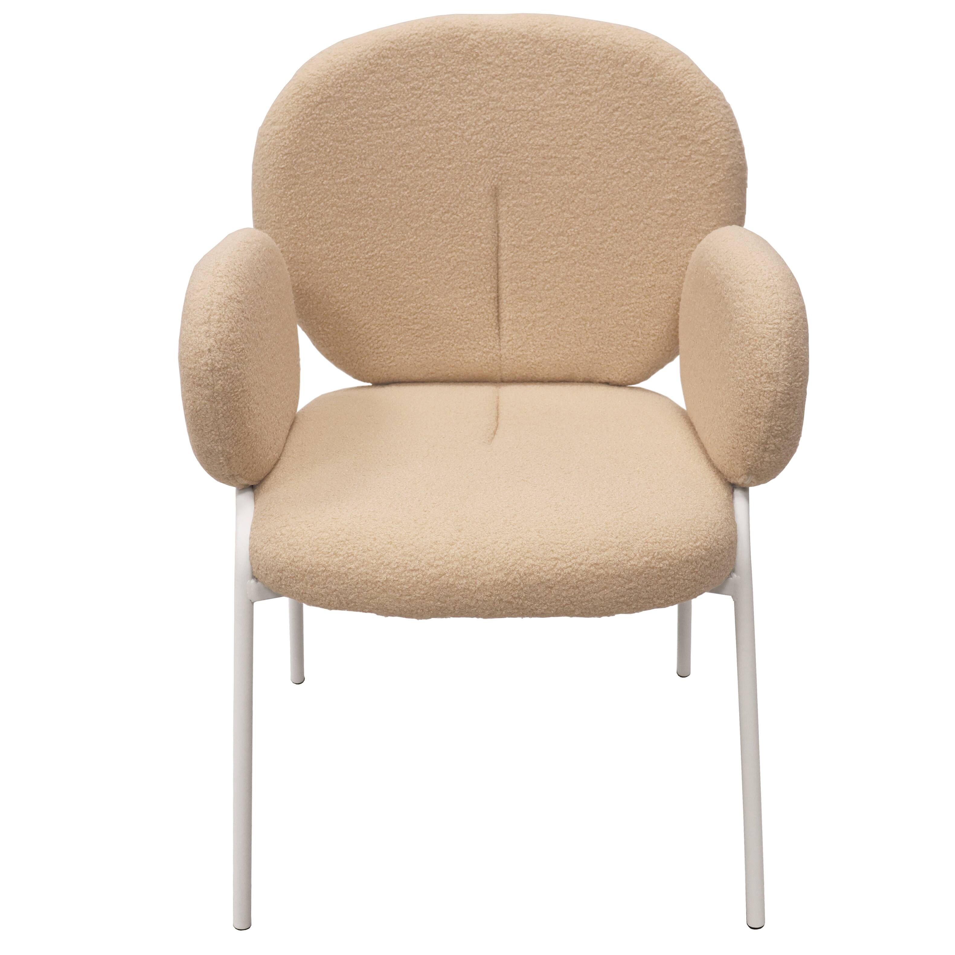Back. LeisureMod - Celestial Modern Boucle Dining Chair with Arms, Textured Fabric Upholstered Armchair - White Metal Frame Kitchen Chair - Beige.
