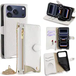Dteck - Crossbody Wallet Case for Apple iPhone 17 Pro, Elegant Zipper PU Leather Folio Stand Cover, Built-in Mini Mirror - White