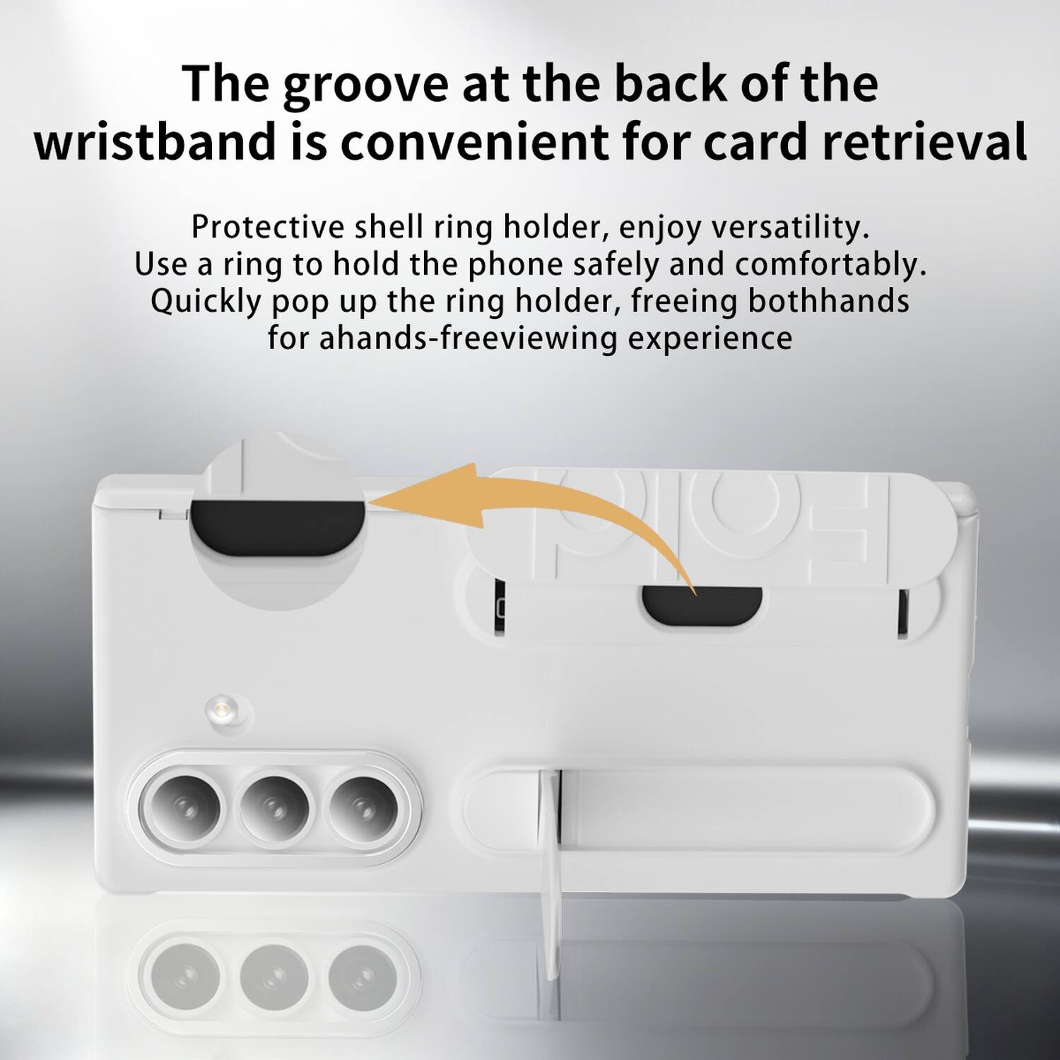 The groove at the back of the wristband is convenient for card retrieval. Protective shell ring holder, enjoy versatility. Use a ring to hold the phone safely and comfortably. Quickly pop up the ring holder, freeing both hands for a hands-free viewing experience.