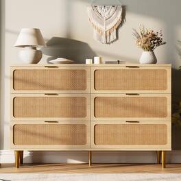 Acekool - Rattan 6 Drawer Dresser for Bedroom, Large Double Dresser with Deep Drawers - Natural