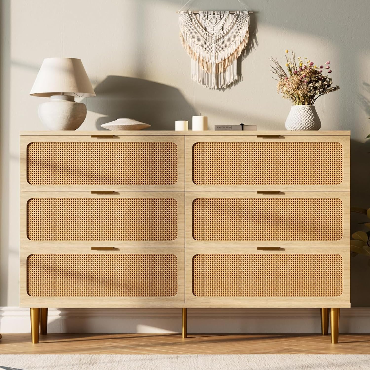 Acekool - Rattan 6 Drawer Dresser for Bedroom, Large Double Dresser with Deep Drawers - Natural