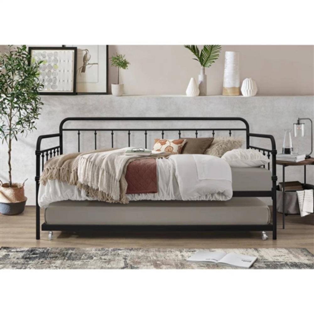 Left. Hivvago - Twin size Black Rounded Iron Daybed with Roll Out Trundle Bed Frame - Black.