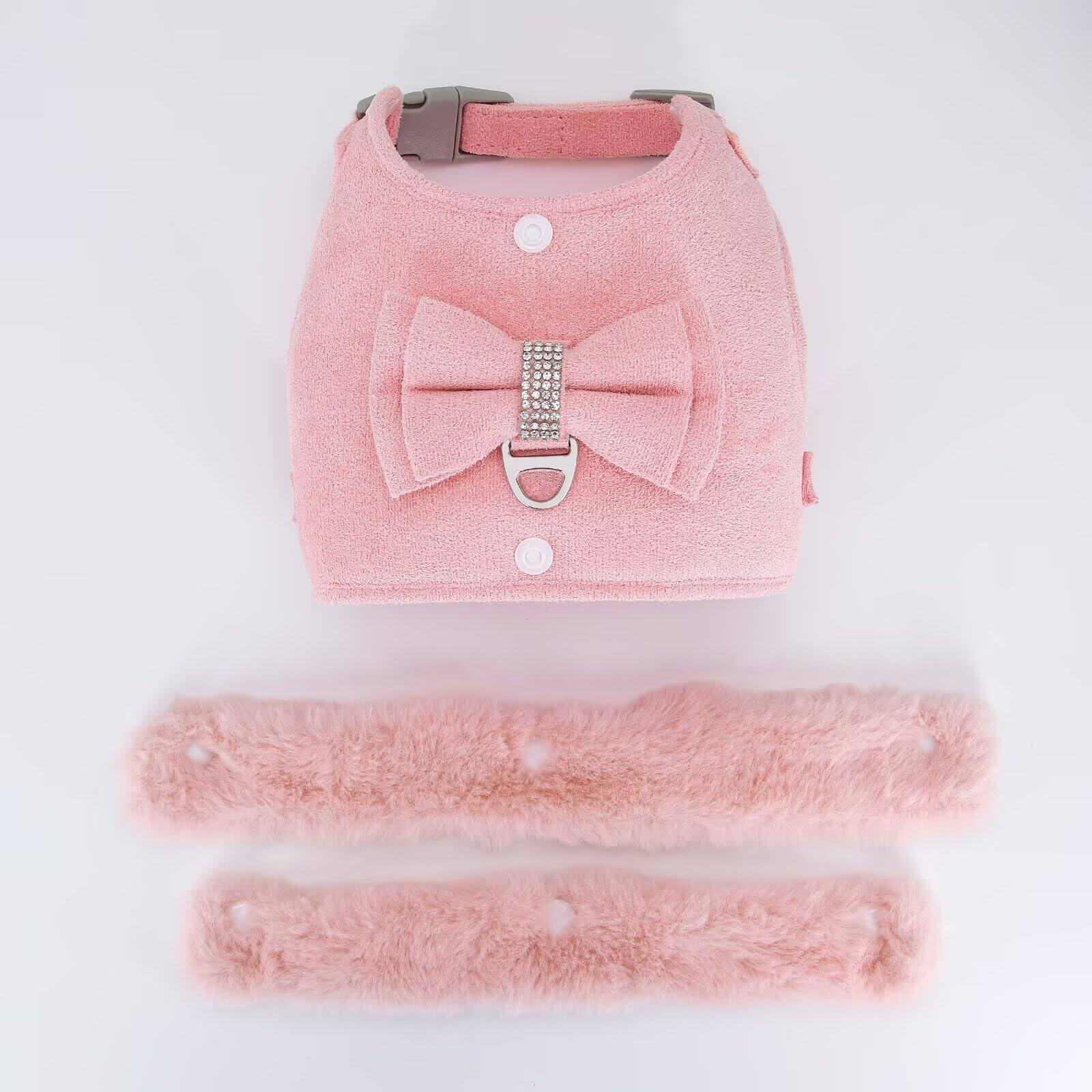 Alt View 5. Paradigms Interiors - Dog Harness And Leash Set Winter Cute With Bow Tie Soft Padded Puppy Vest Removable Plush Collar For Xs Sized - Pink-S: Chest 15-18".