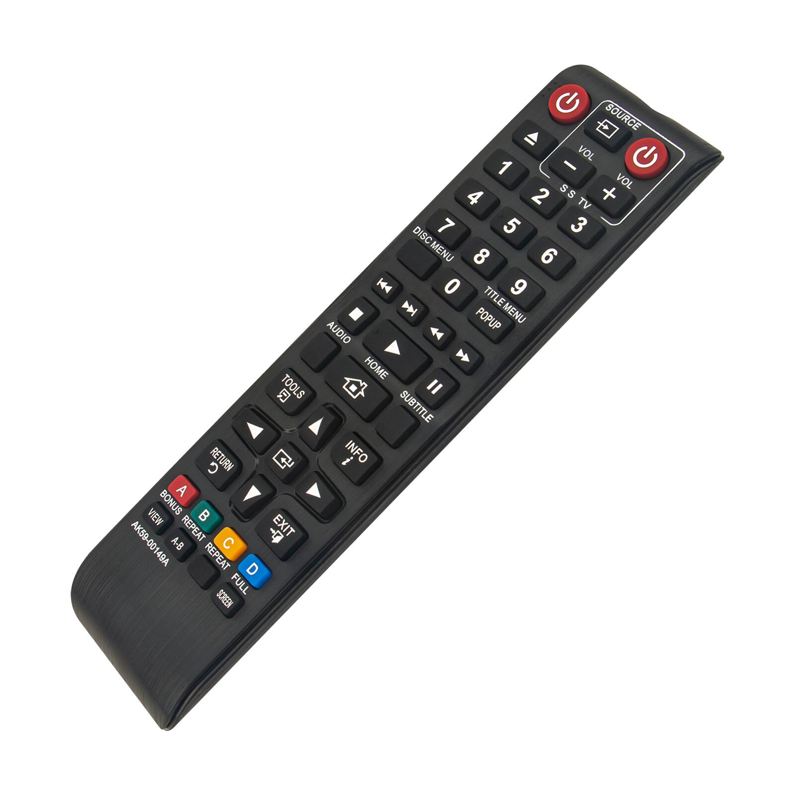 SOURCE I VOL 1 SS + VOL 4 2 TV DISC 7 5 3 MENU 8 6  0 TITLE 9  POPUP MENU AUDIO A  TOOLS HOME "  SUBTITLE C RETURN  i INFO A VIEW BONUS  AK59-00149A A-B REPEAT C  EXIT REPEAT D SCREEN FULL