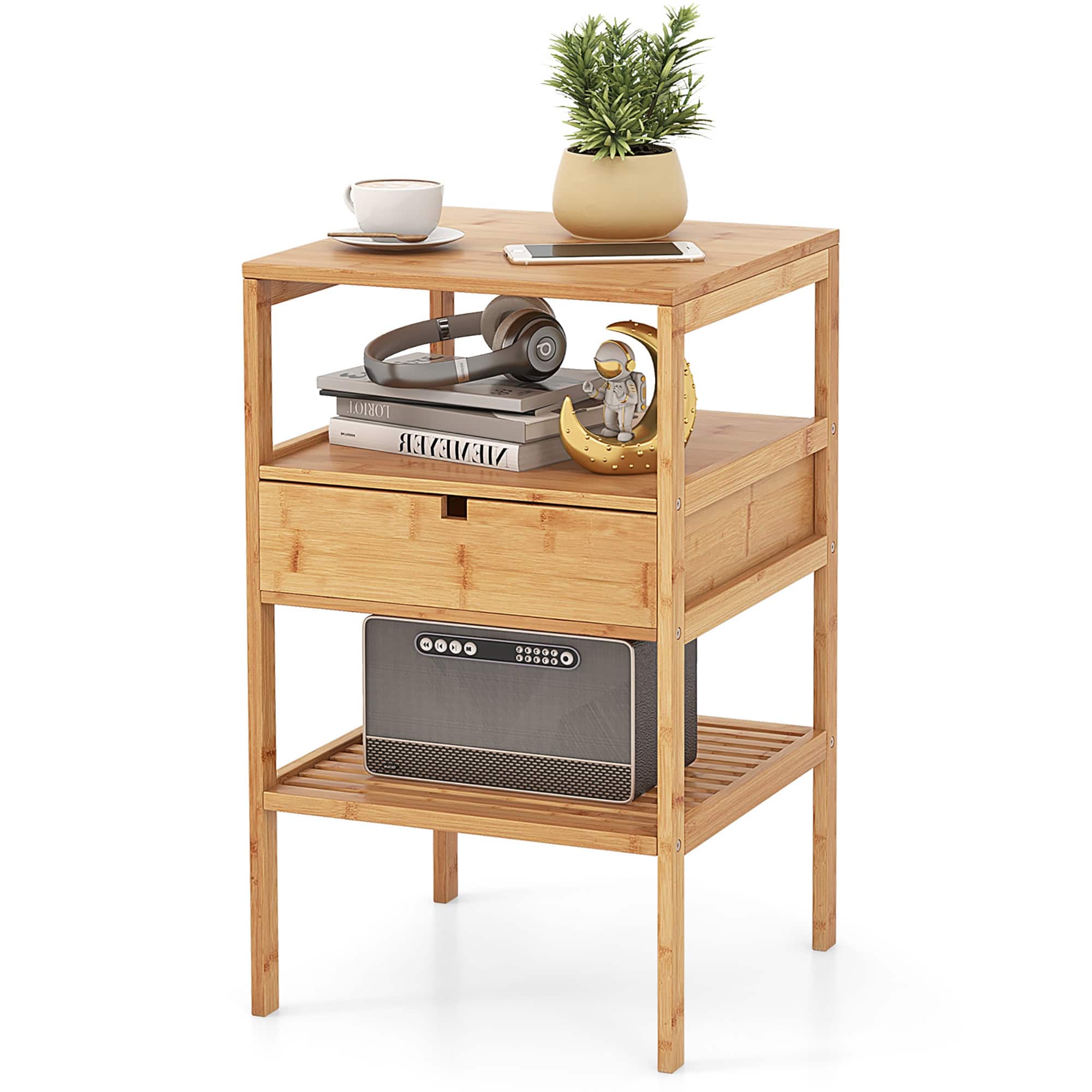 Gymax - Bamboo Nightstand w/ Pull-out Drawer & Storage Shelf Wood - Natural price history on PriceWatchPro