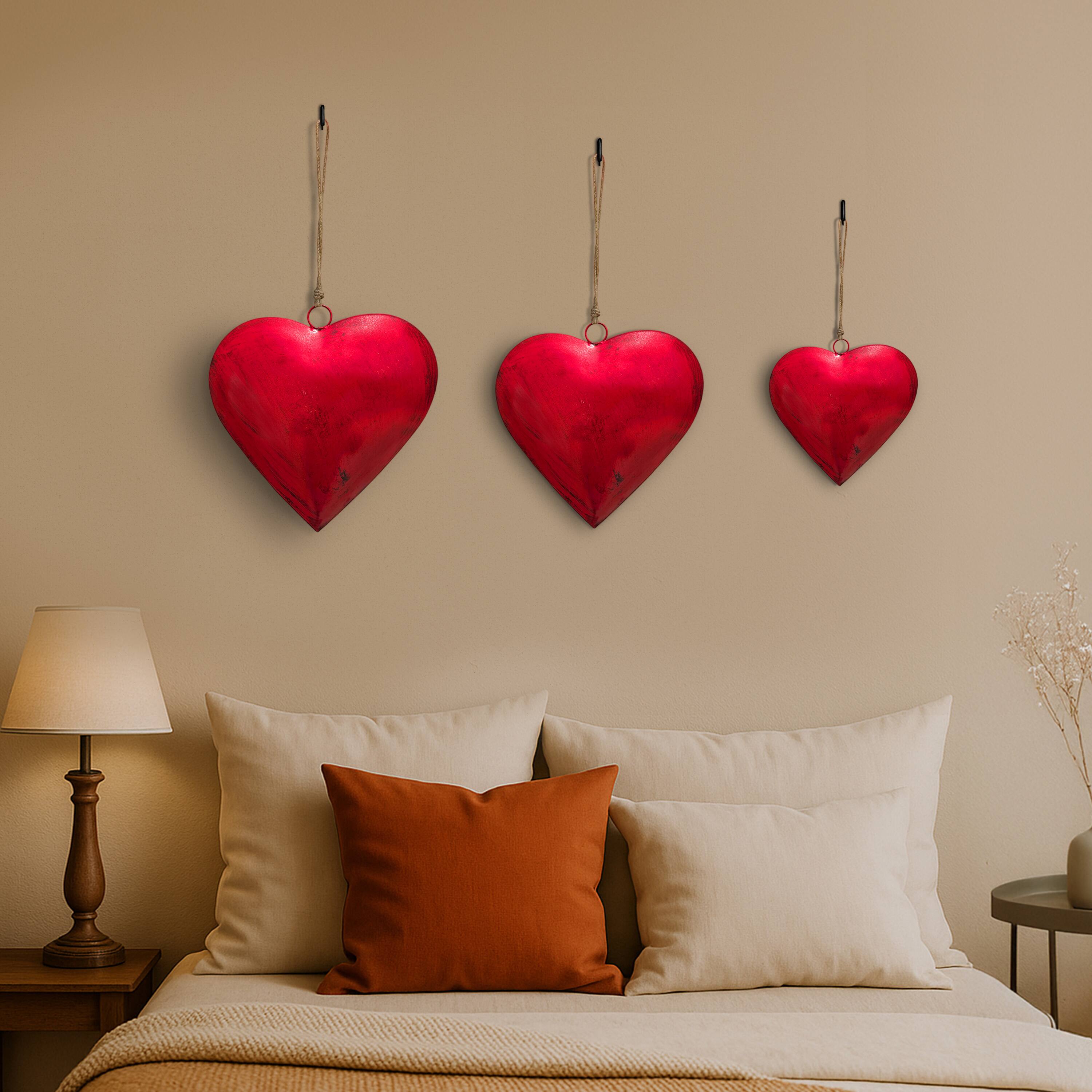 Alt View 10. Manhattan Lane - Myri Decorative Metal Heart Wall Decor Set of 3, Classic Red with Jute Hanging Rope, 12, 9.5, 7 Inches - Red.
