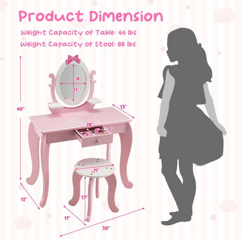 Product Dimension  
Weight Capacity of Table: 44 lbs  
Weight Capacity of Stool: 88 lbs  

- Table:  
  - Height: 40"  
  - Width: 28"  
  - Depth: 13"  
  - Drawer Height: 8"  
  - Drawer Depth: 2"  
  - Mirror: 9" x 11"  

- Stool:  
  - Height: 30"  
  - Seat Diameter: 11"  
  - Leg Width: 12"