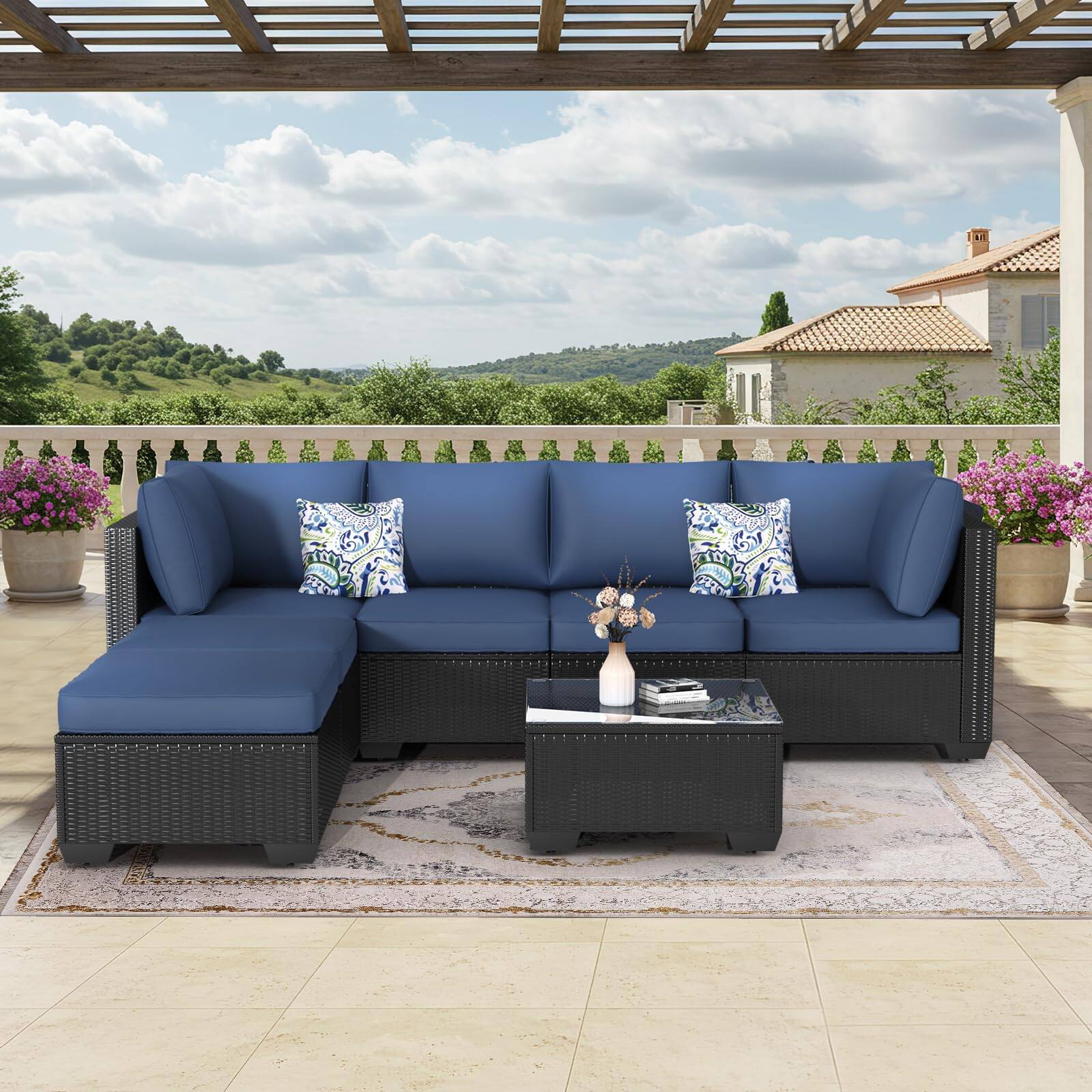Angle. Mondawe - 7-Piece Rattan Sofa Set with Cushions and Versatile Ottomans - Dark Blue+Black.