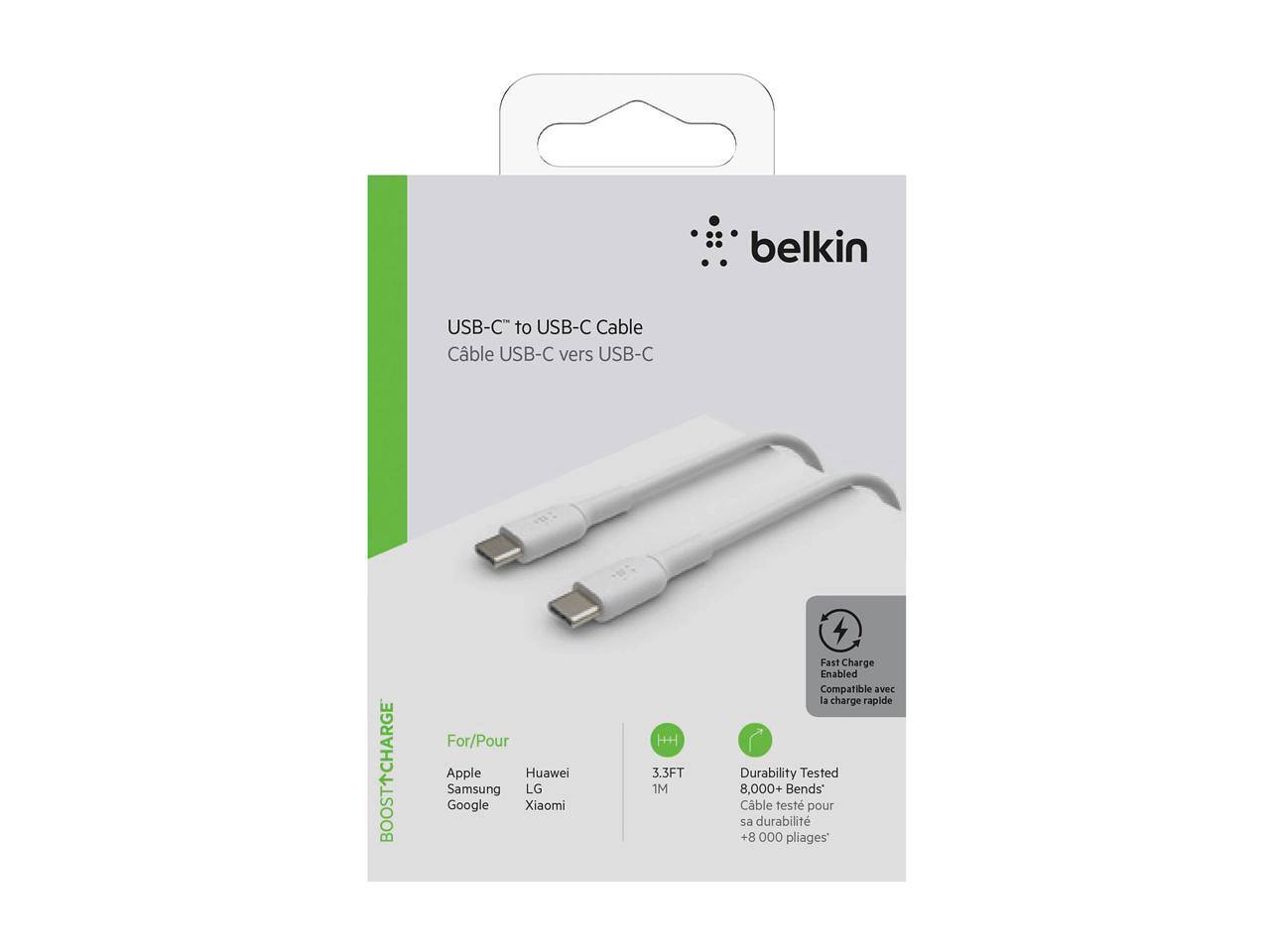 Belkin USB-C to USB-C Cable  
Câble USB-C vers USB-C  

BOOSTTCHARGE  
For/Pour Apple, Huawei, Samsung, LG, Google, Xiaomi  

3.3FT 1M  
Fast Charge Enabled  
Compatible avec la charge rapide  

Durability Tested  
8,000+ Bends'  
Câble testé pour sa durabilité +8 000 pliages