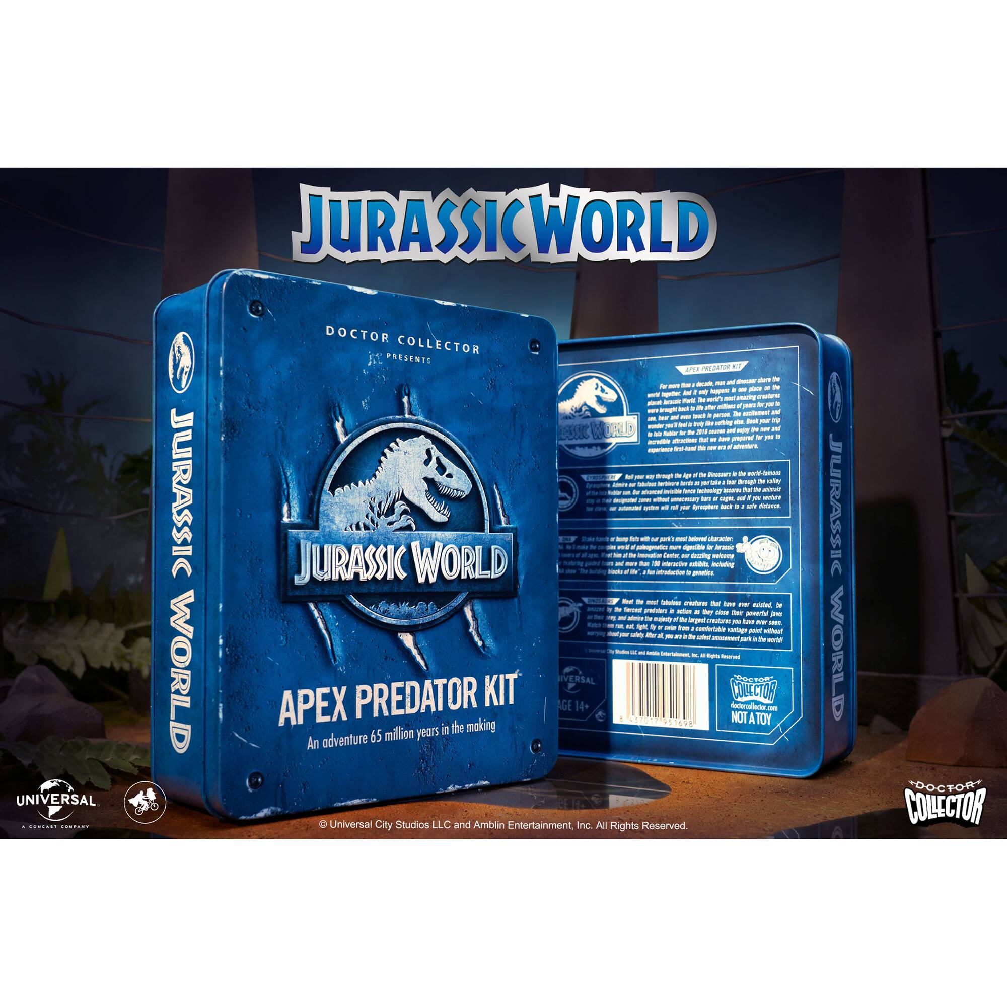 Jurassic World Universal presents Predator Kit. Ages 8 and up. 13496 pieces in the making adventure. 65 million in the making. An Universal City Studios LLC and Amblin Entertainment Inc. All Rights Reserved.