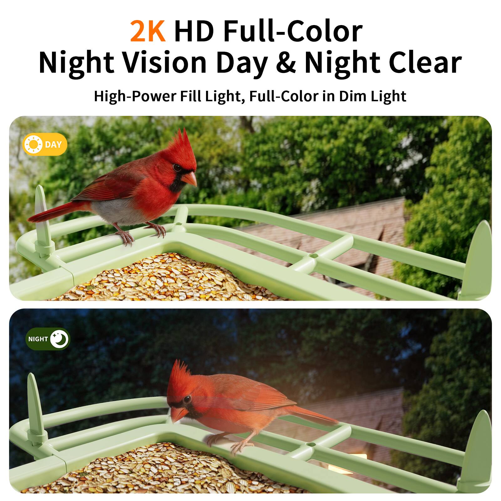 2K HD Full-Color Night Vision Day & Night Clear  
High-Power Fill Light, Full-Color in Dim Light