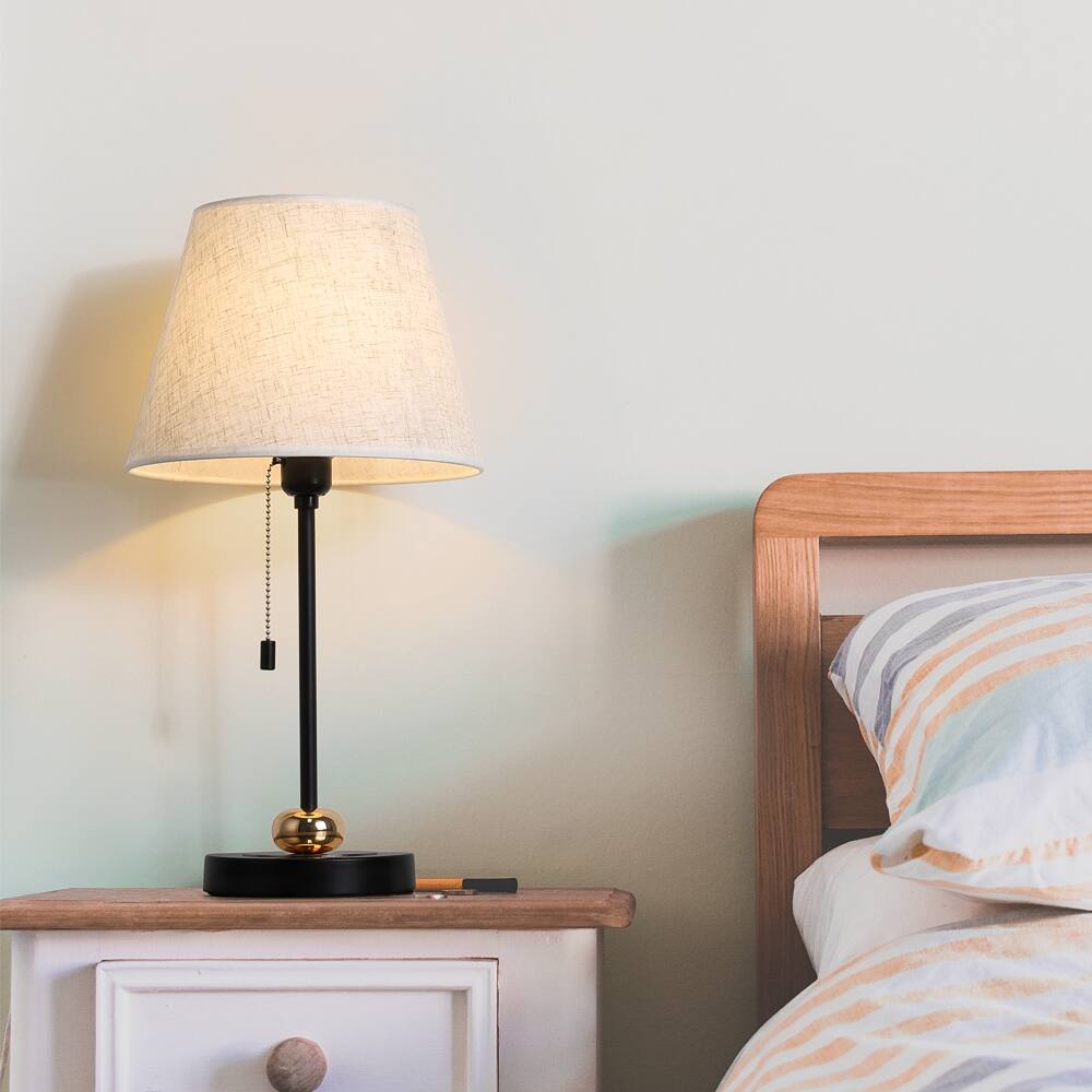Alt View 2. Oumilen - Set of 2 Modern Table Lamps – Linen Shade with Pull Chain, Black & Gold Accent for Bedroom, Living Room.