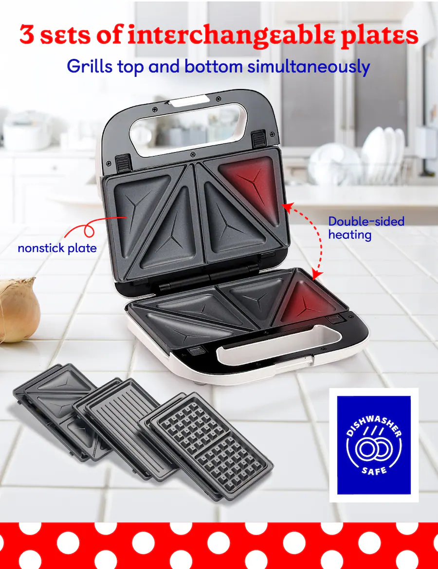 Betty Crocker 3 in 1 Indoor Grill, Sandwich & Waffle Maker Plus Silver ...