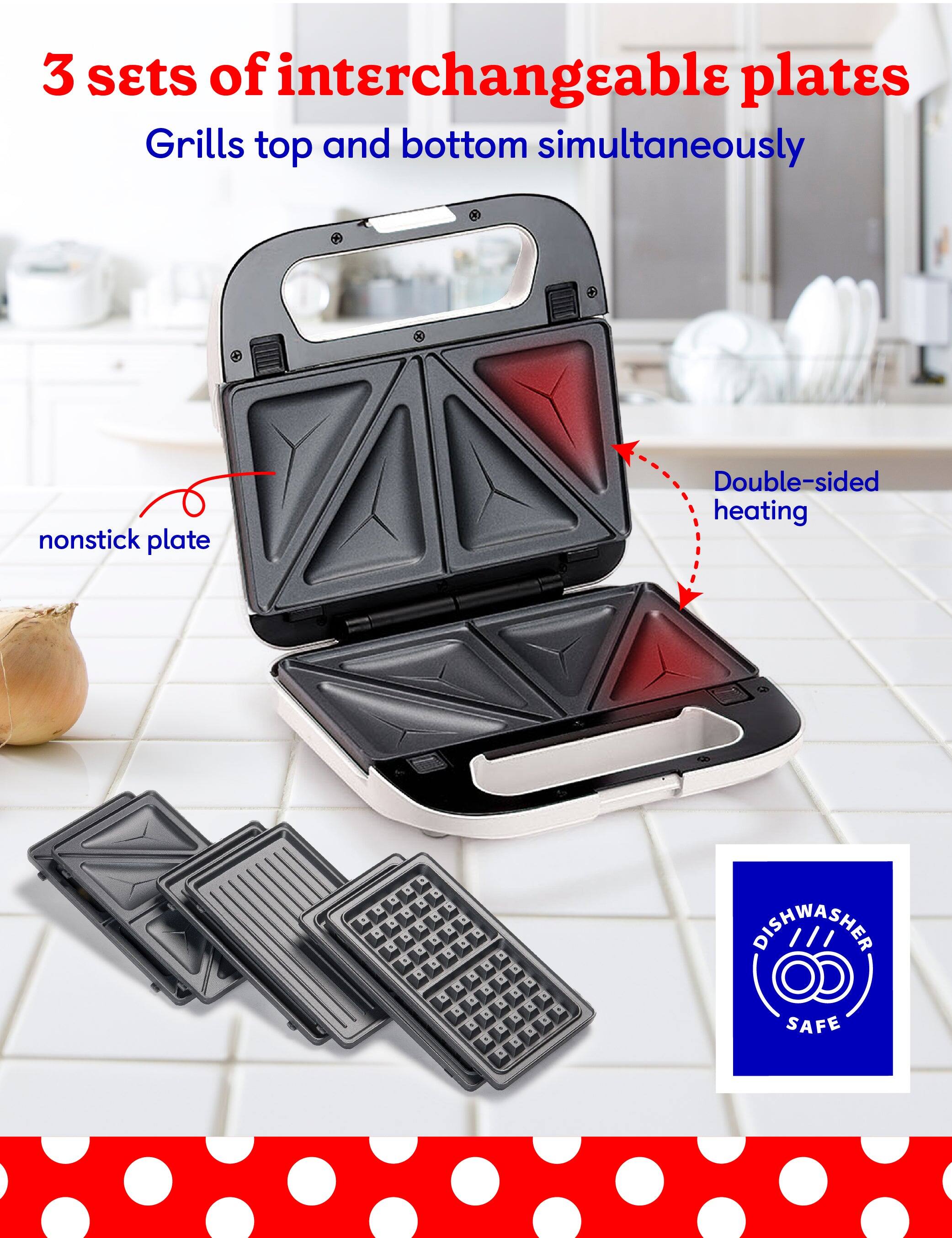 3 sets of interchangeable plates  
Grills top and bottom simultaneously  
nonstick plate  
Double-sided heating  
DISHWASHER SAFE