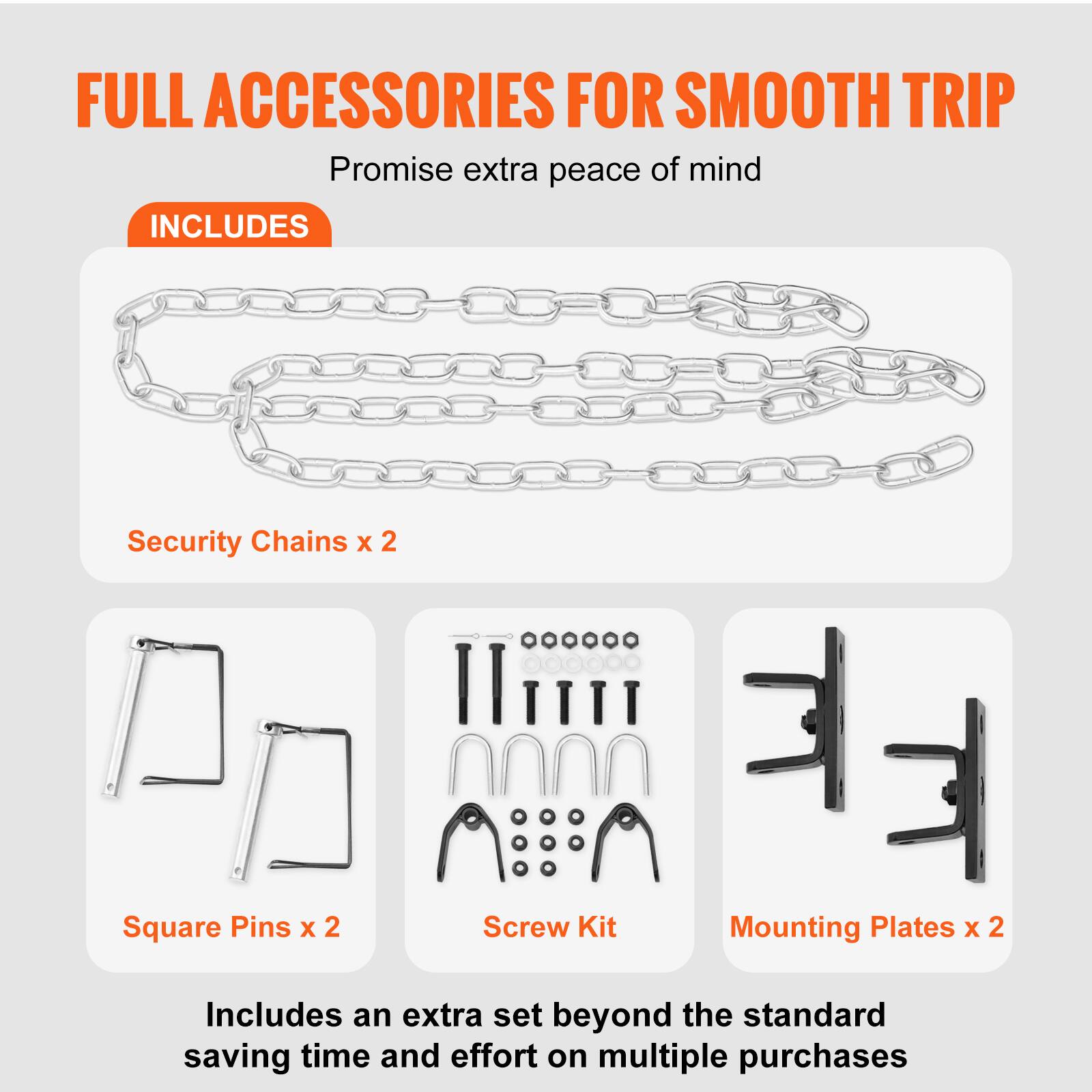 FULL ACCESSORIES FOR SMOOTH TRIP  
Promise extra peace of mind  

INCLUDES  

- Security Chains x 2  
- Square Pins x 2  
- Screw Kit  
- Mounting Plates x 2  

Includes an extra set beyond the standard, saving time and effort on multiple purchases