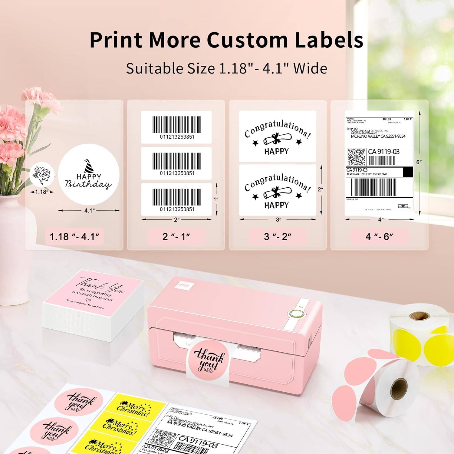 Alt View 4. JADENS - 268BT High-Speed Thermal Label Printer  – Bluetooth & USB, Ink-Free & BPA-Free, Includes 500 4x6 Shipping Labels - Pink.