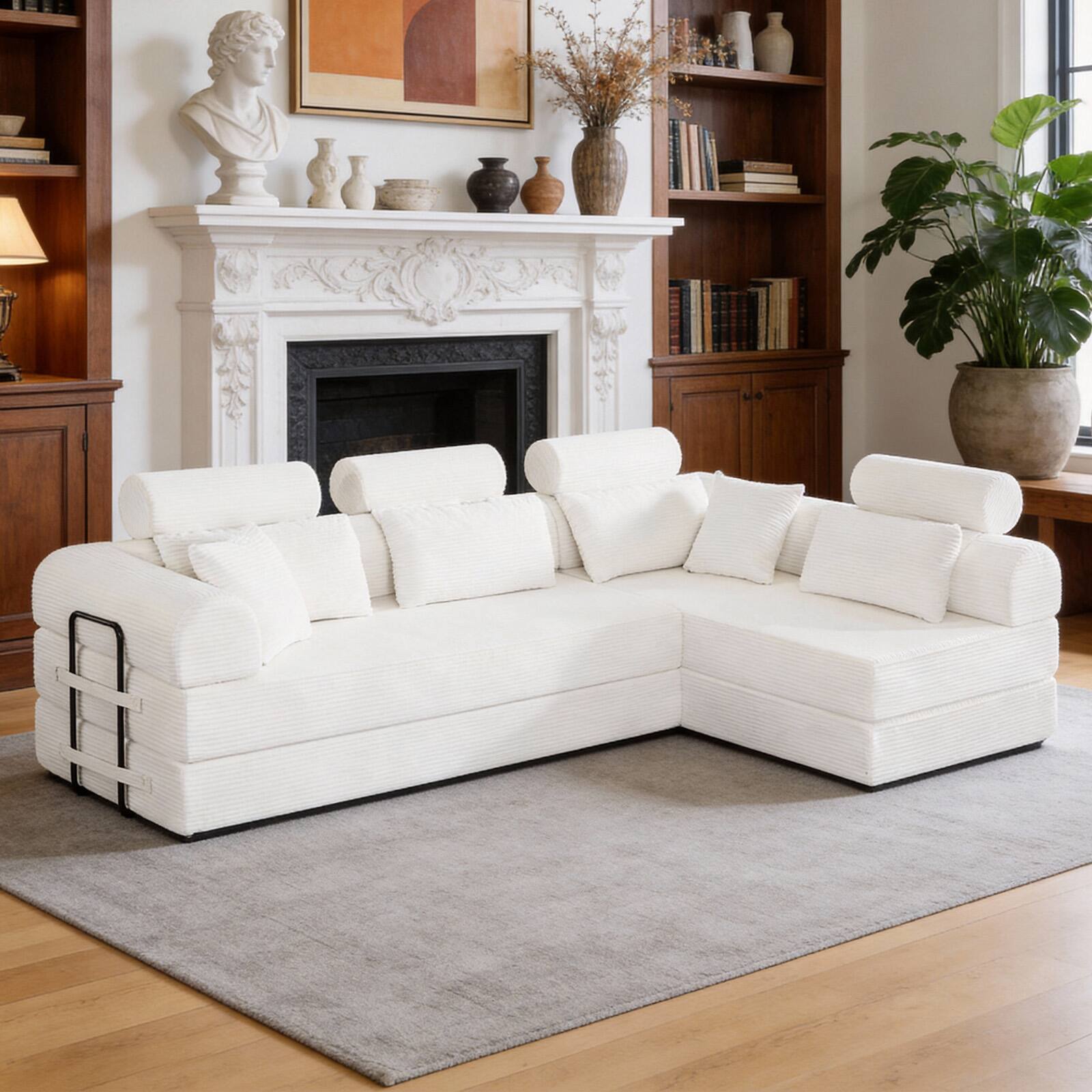 Front. Anysun - L-Shape Corduroy Modular Sectional Sofa - Minimalist Compressed Design, Unfolds into Bed, Space-Efficient - Beige.