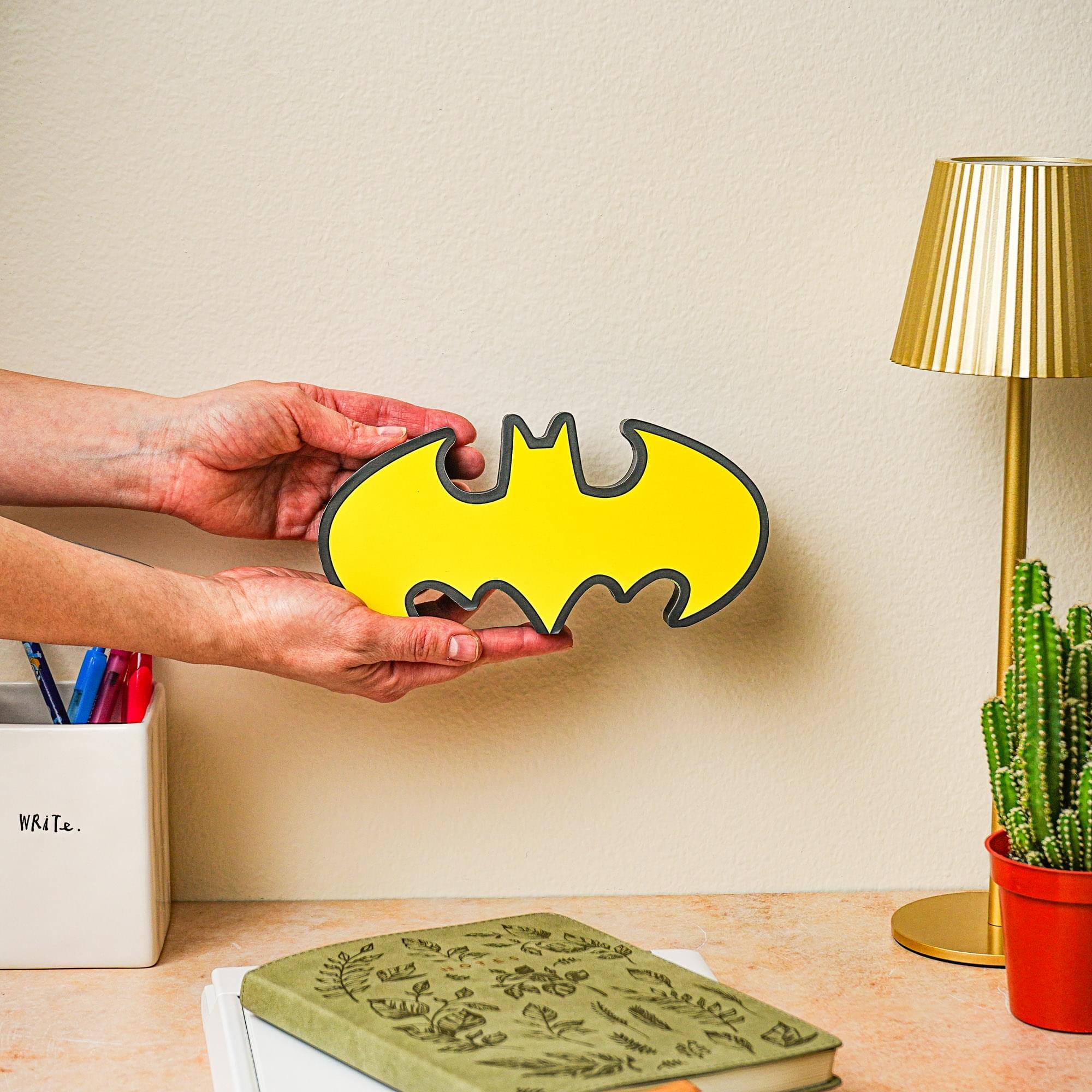 Alt View 2. DC Universe - DC Comics Batman Emblem Die-Cut Wooden Wall Art Sign | 4 x 8 Inches - Yellow.