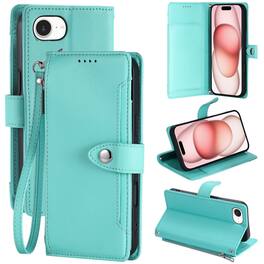 Dteck - Wallet Case for Apple iPhone 17e/16e Crossbody Premium Leather Kickstand Zipper Card Slot Cover With Strap+Lanyard - Mint