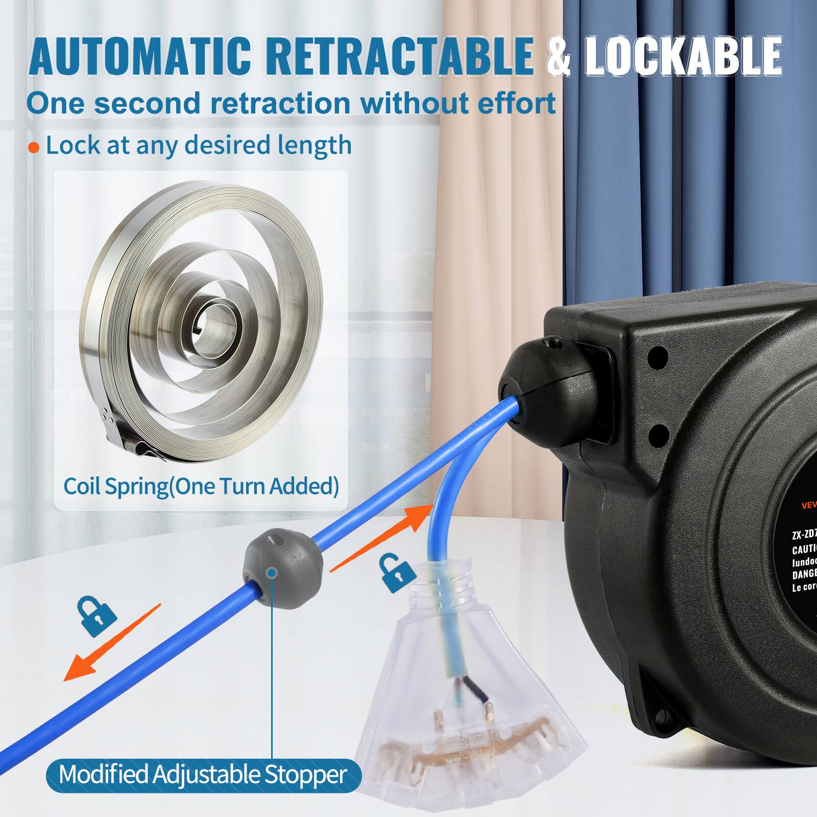 AUTOMATIC RETRACTABLE & LOCKABLE  
One second retraction without effort  
Lock at any desired length  

Coil Spring (One Turn Added)  

Modified Adjustable Stopper  

VEV ZX-ZDI  
CAUTION  
DANGER  
Le cor