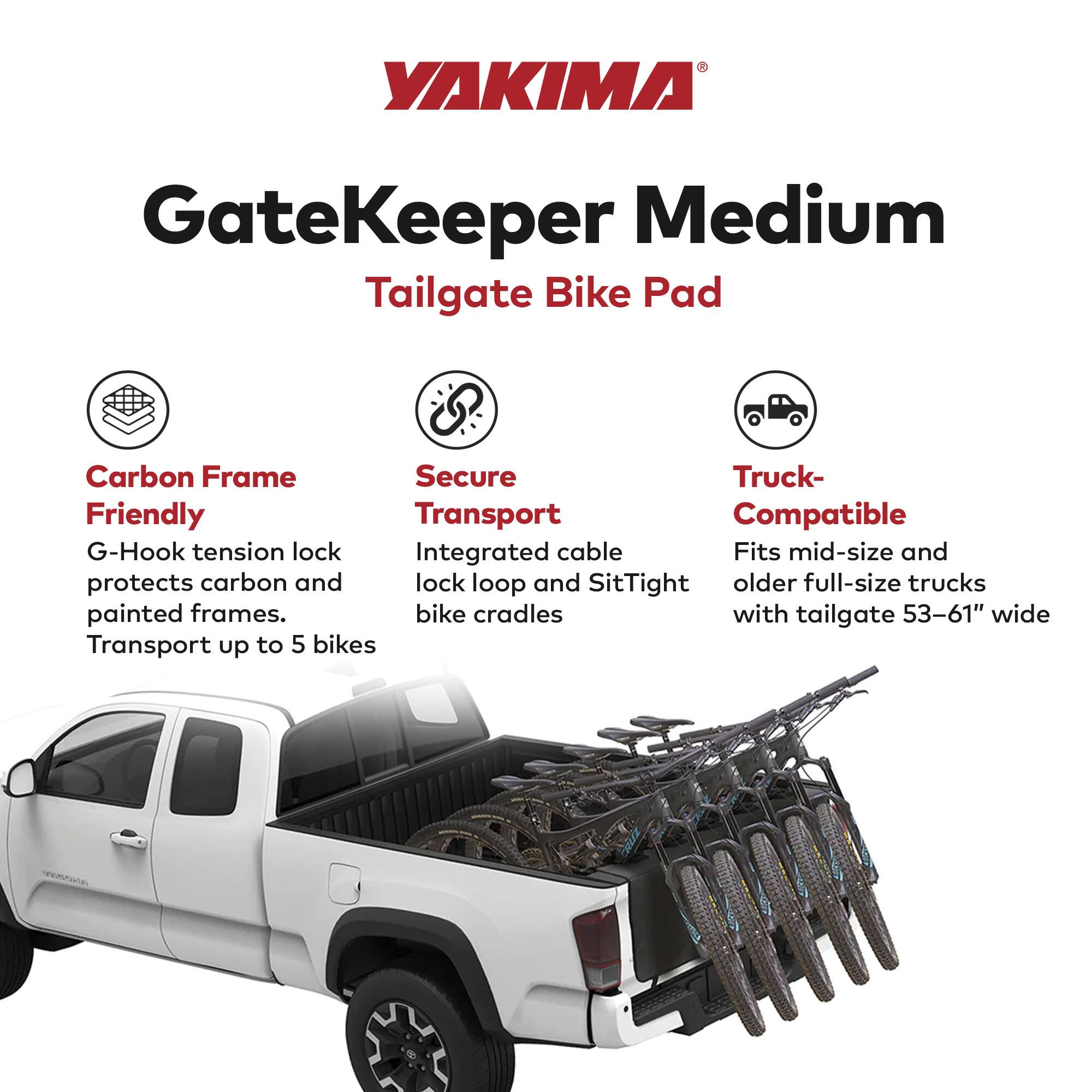 YAKIMA GateKeeper Medium Tailgate Bike Pad Carbon Frame Secure Truck-Friendly Transport Compatible G-Hook tension lock Integrated cable Fits mid-size and older full-size trucks with tailgate 53-61" wide Transport up to 5 bikes