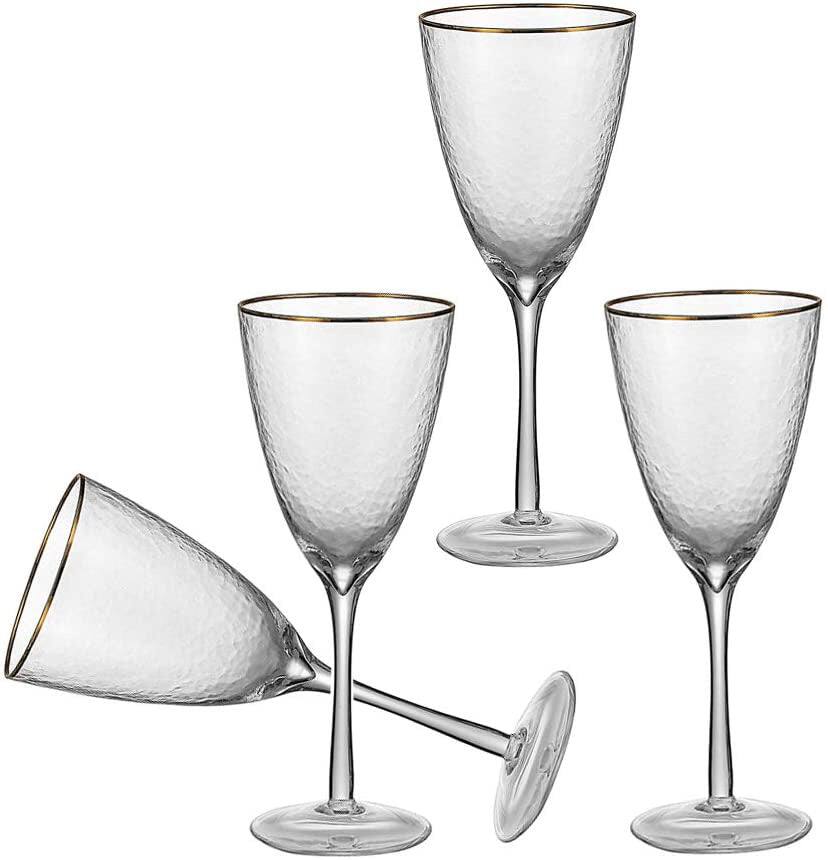 Front. BreeBe - Gold Rimmed Hammer Wine Glass (12 oz. set of 4) - Clear with gold rim.