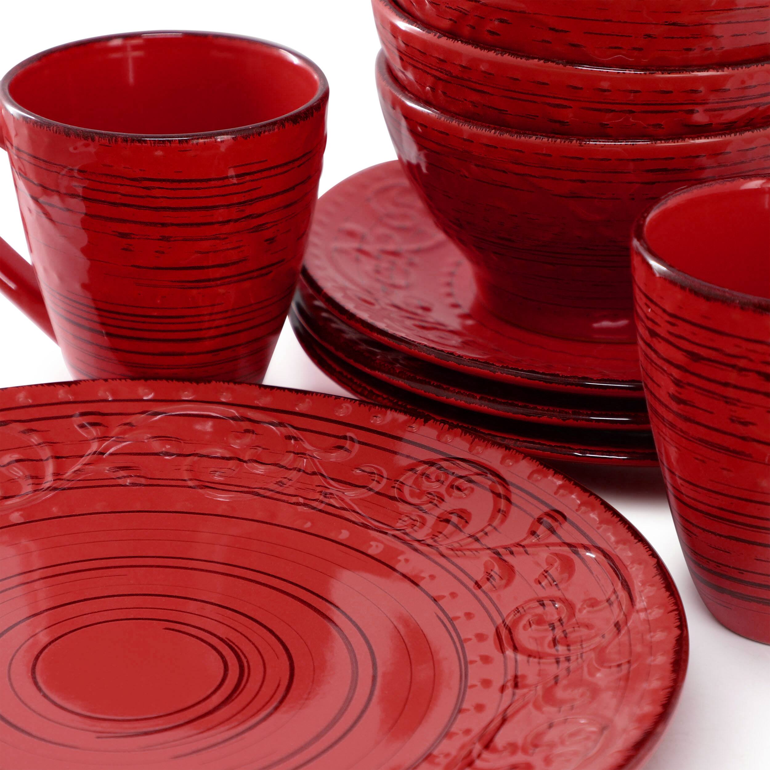 Alt View 5. Elama - Elama Malibu Ocean Bloom 16-Piece Dinnerware Set in Red - Red.