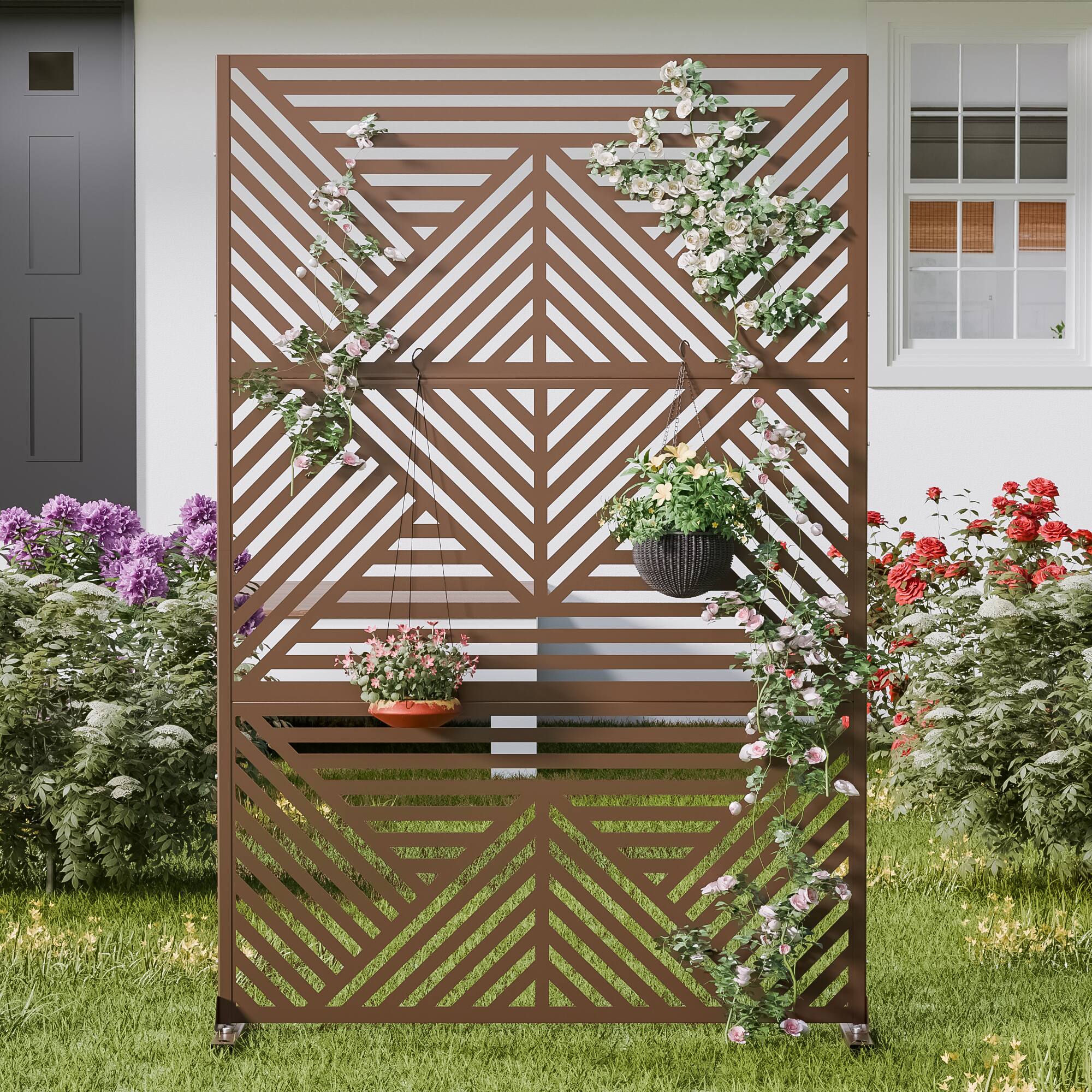 Alt View 1. PexFix - 72 in. x 47 in. Zodiac Pattern Metal Outdoor Privacy Screen & Panels, Freestanding Garden Divider Fence - Brown.