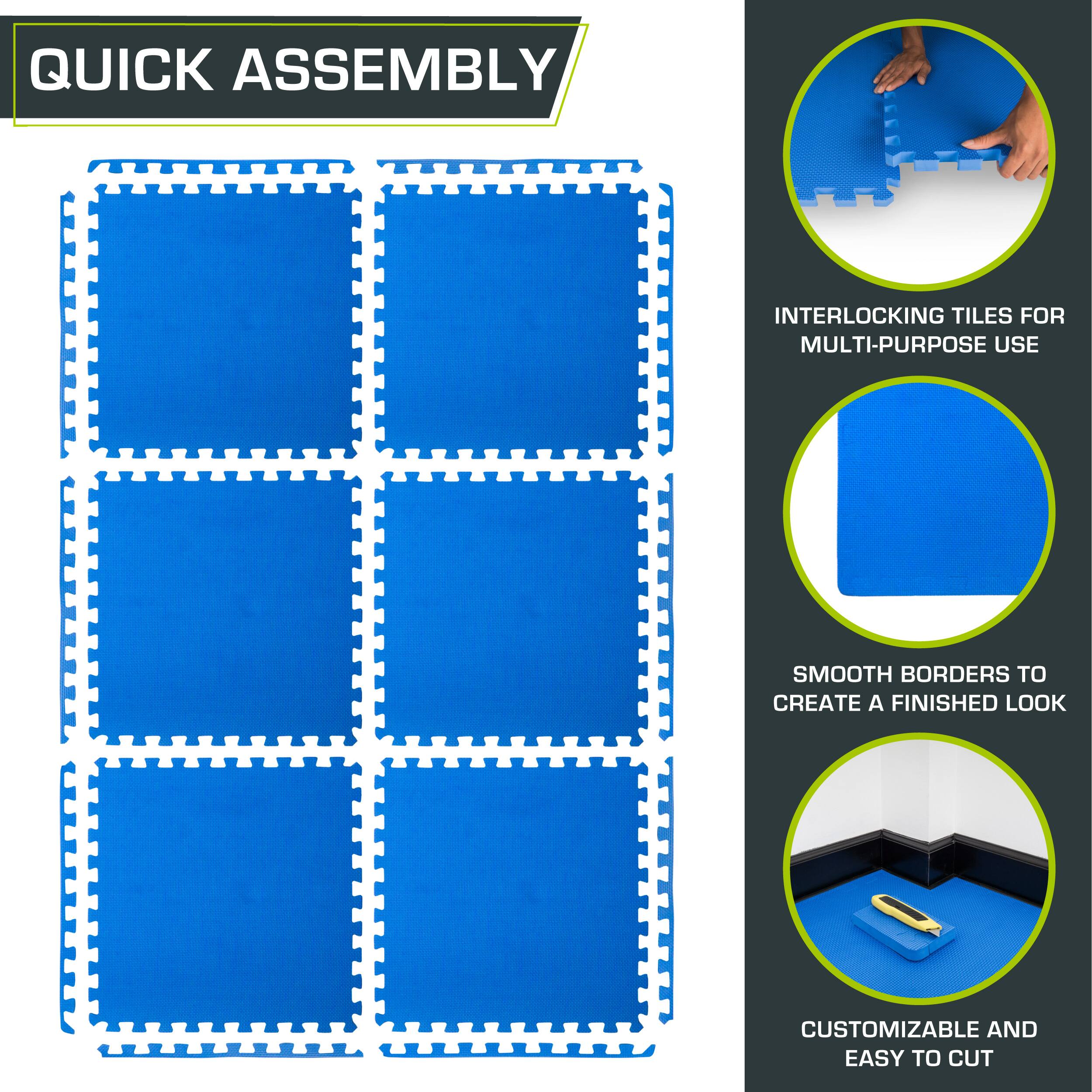 Quick Assembly Interlocking Tiles for Multi-Purpose Use. Smooth Borders to Create a Finished Look. Customizable and Easy to Cut.