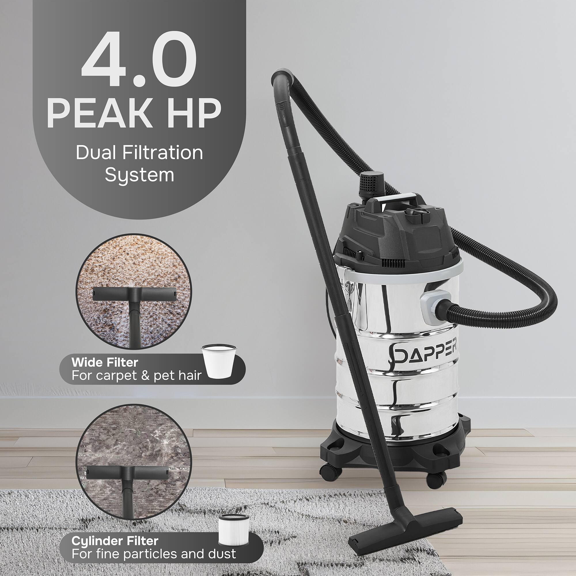 4.0 PEAK HP Dual Filtration System

Wide Filter For carpet & pet hair

Cylinder Filter For fine particles and dust