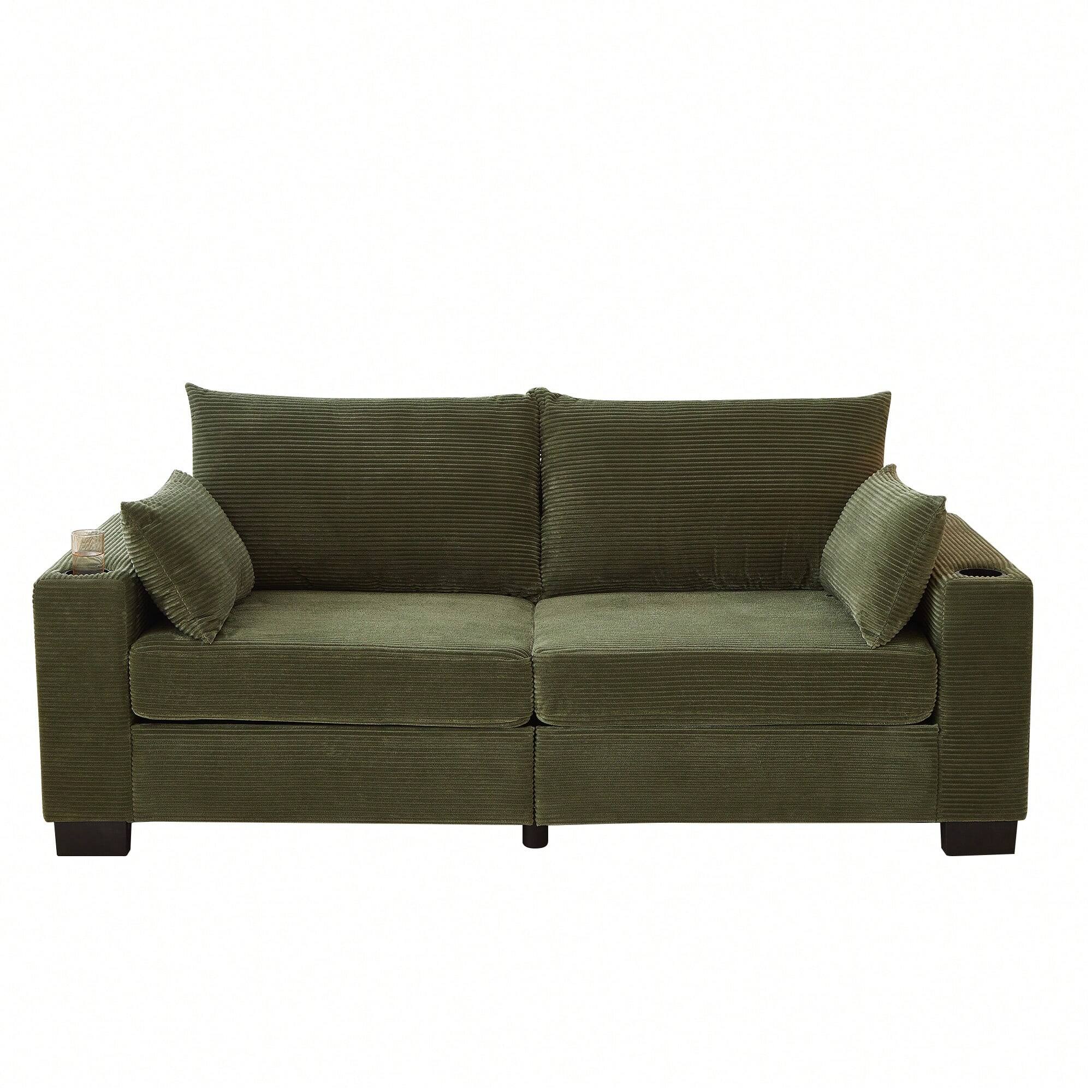 Alt View 1. Trinkets Crazed - 78" Corduroy Loveseat Sofa Couch, Comfy Couches For Living Room, Modern Sofa With Cup Holders - Green.