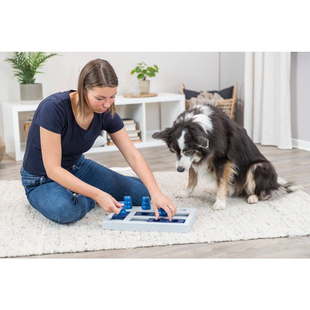 Left. TRIXIE - Dog Activity Chess Strategy Game, Level 3, Advanced Dog Puzzle Toy - White/Blue.