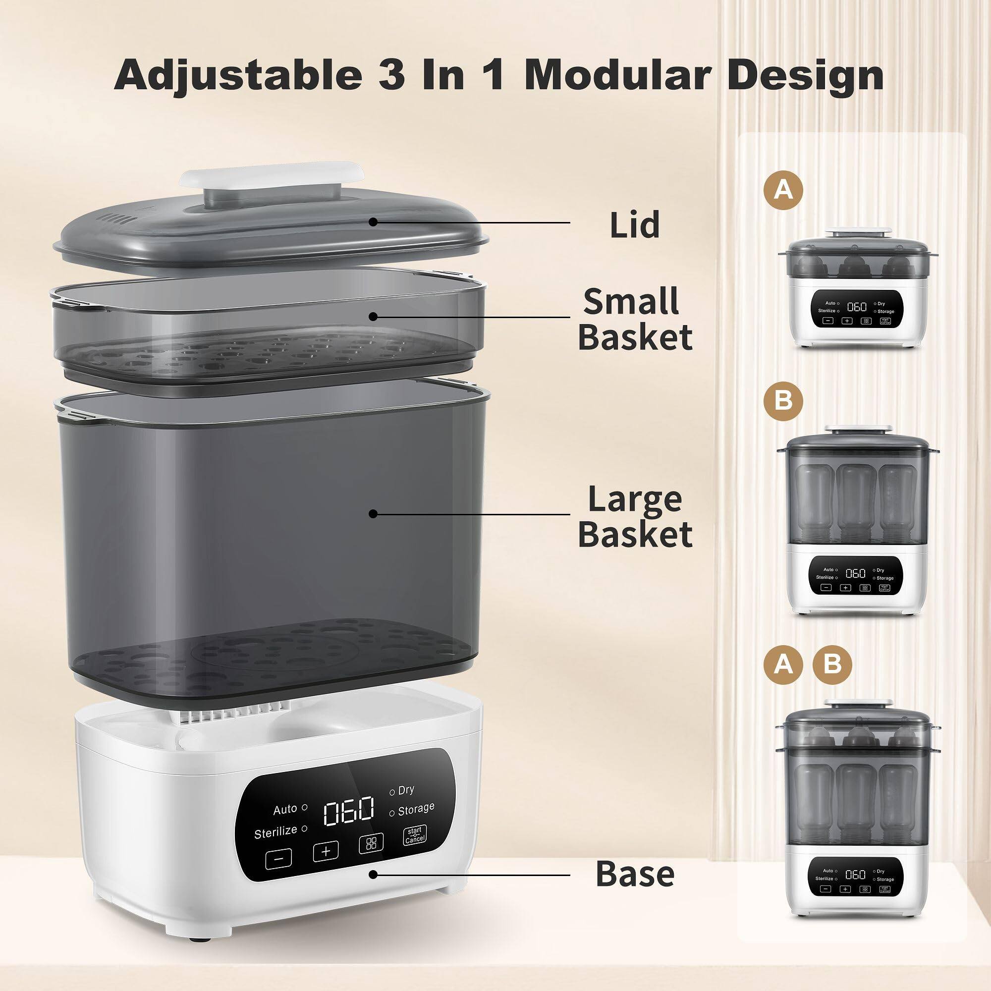 Adjustable 3 In 1 Modular Design

- Lid
- Small Basket
- Large Basket
- Base

Auto 060
Sterilize
Dry
Storage

A
B