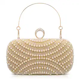Unique Bargains - Evening Clutch Purse for Women, Vintage Ring Beads Buckle Clasp Handbag for Bridal Wedding 1920s Party Crossbody - Gold