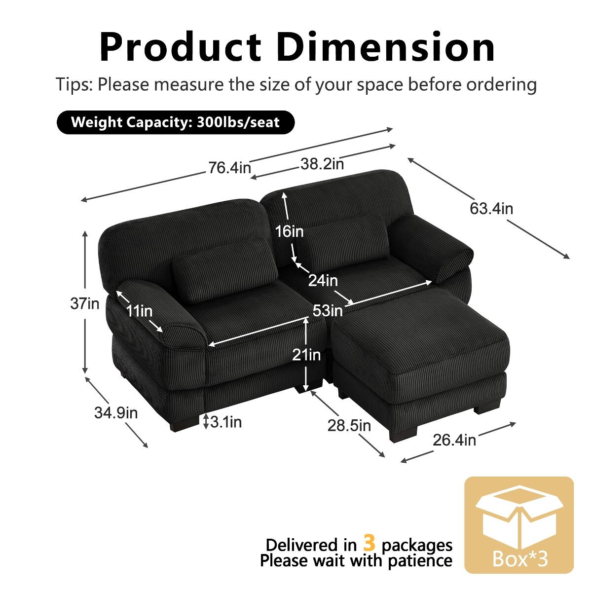 Ropilly Modular Sectional Sofa, Black Corduroy L Shaped Sofa with ...