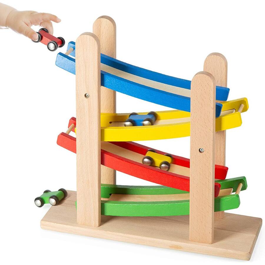 Red Play Car Ramp Play22 4 Level Toy Wooden Car Roller Ramp Wooden Race Track Car Ramp ...