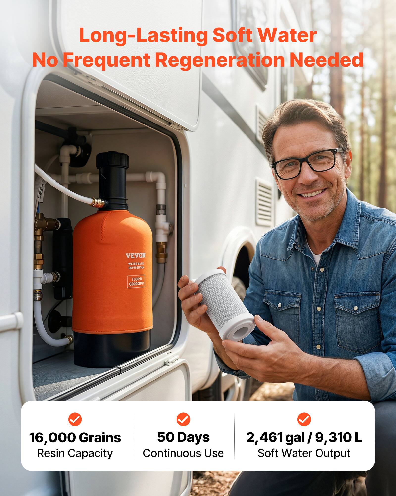 Long-Lasting Soft Water  
No Frequent Regeneration Needed  

VEVOR WATER  
Yulk Smpi 700PG GOROGPO  

16,000 Grains  
Resin Capacity  

50 Days  
Continuous Use  

2,461 gal / 9,310 L  
Soft Water Output