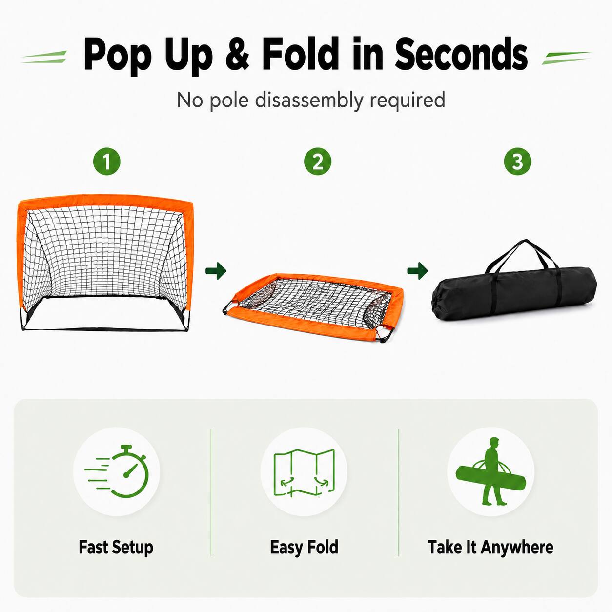 Pop Up & Fold in Seconds  
No pole disassembly required  

1. Fast Setup  
2. Easy Fold  
3. Take It Anywhere