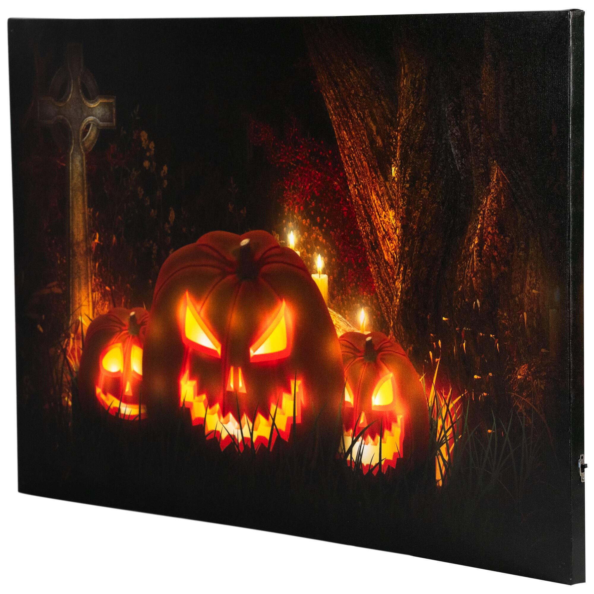 Alt View 3. Northlight - LED Lighted Jack-O-Lanterns in Cemetery Halloween Canvas Wall Art 23.5" x 15.5" - Black.