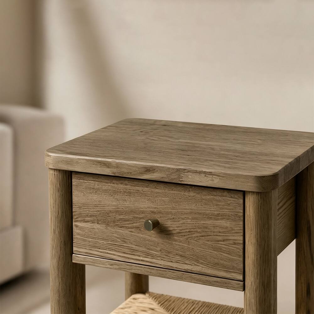 Left. Loheer - Loheer Antique Grey Nightstand Solid Wood End Table with Woven Jute Shelf and Drawer - Antique Grey.